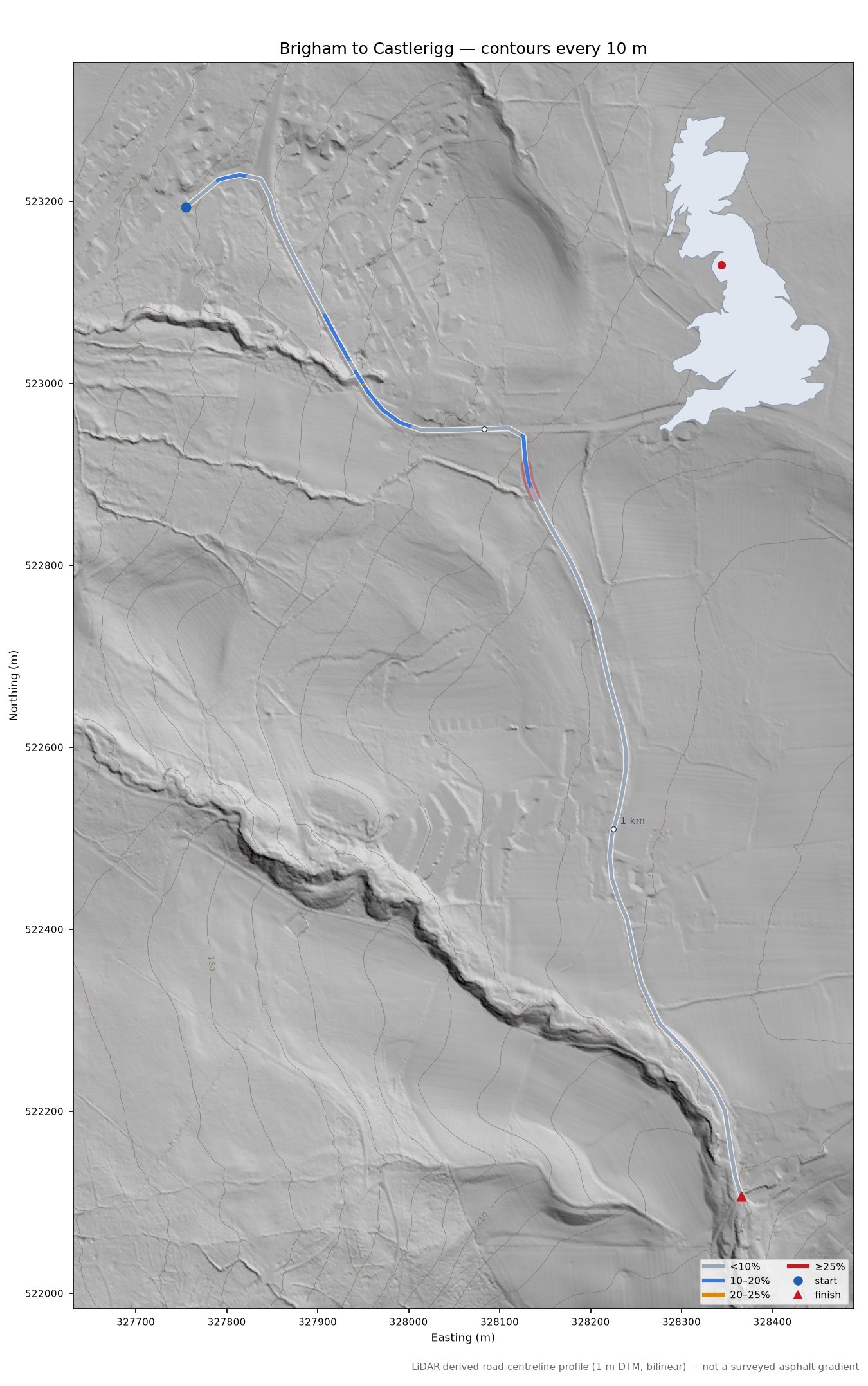 Brigham to Castlerigg LiDAR hillshade map with contours