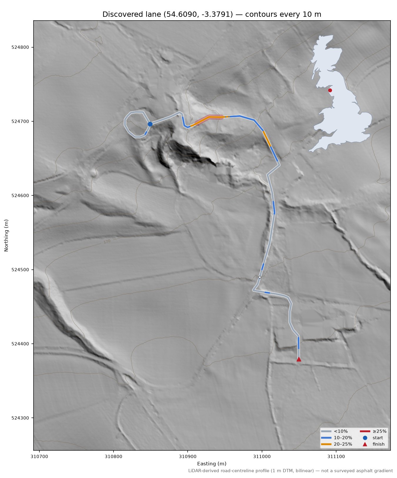 Discovered lane (54.6090, -3.3791) LiDAR hillshade map with contours