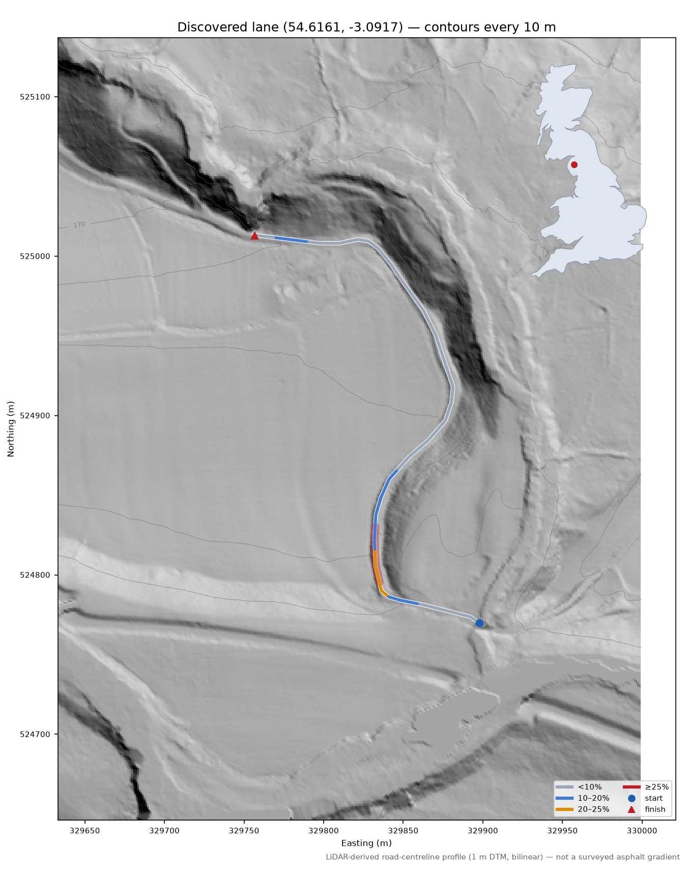 Discovered lane (54.6161, -3.0917) LiDAR hillshade map with contours