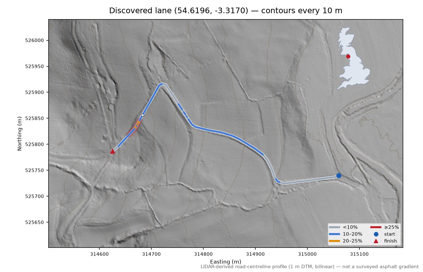 Discovered lane (54.6196, -3.3170) LiDAR hillshade map with contours