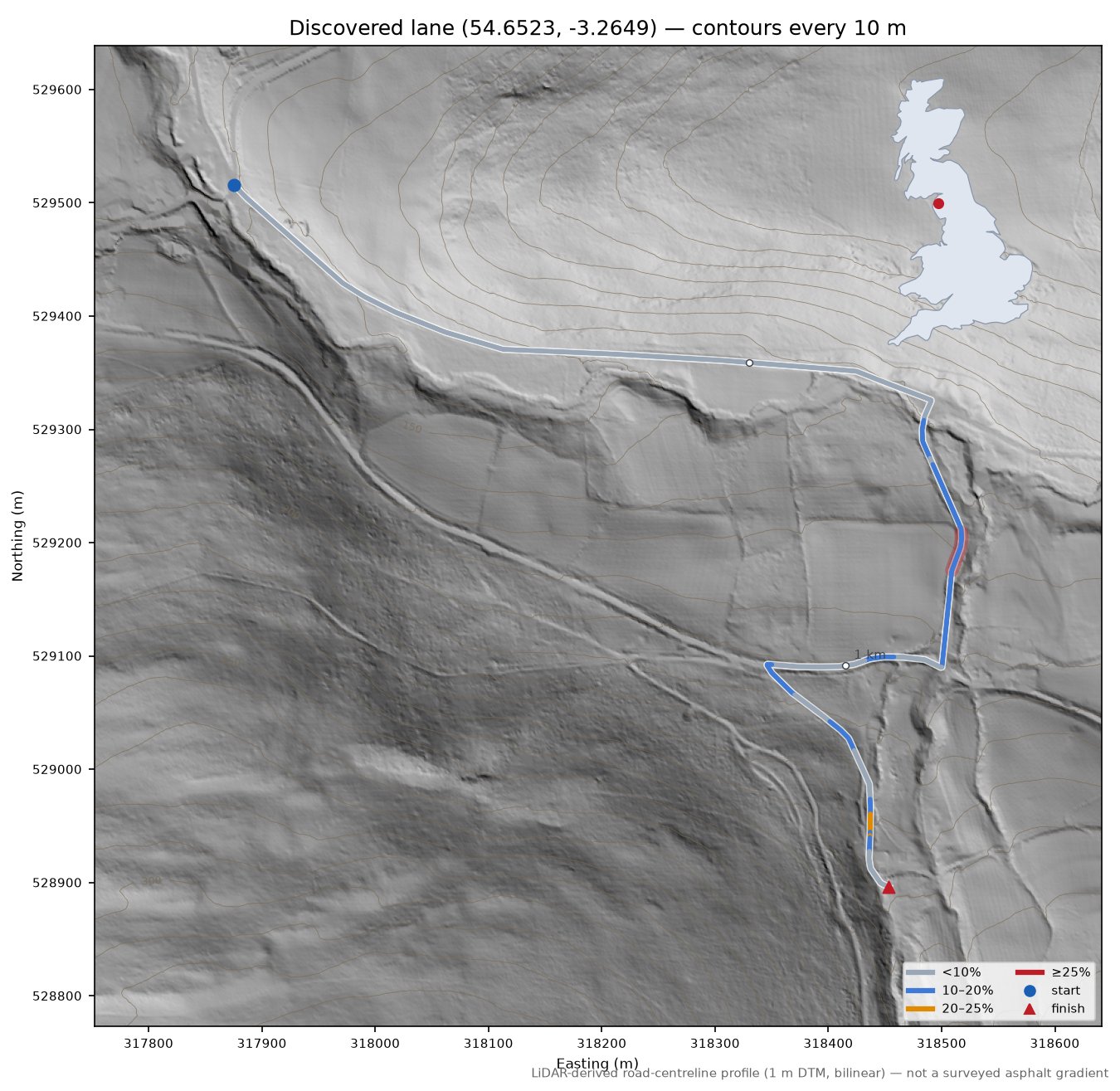 Discovered lane (54.6523, -3.2649) LiDAR hillshade map with contours