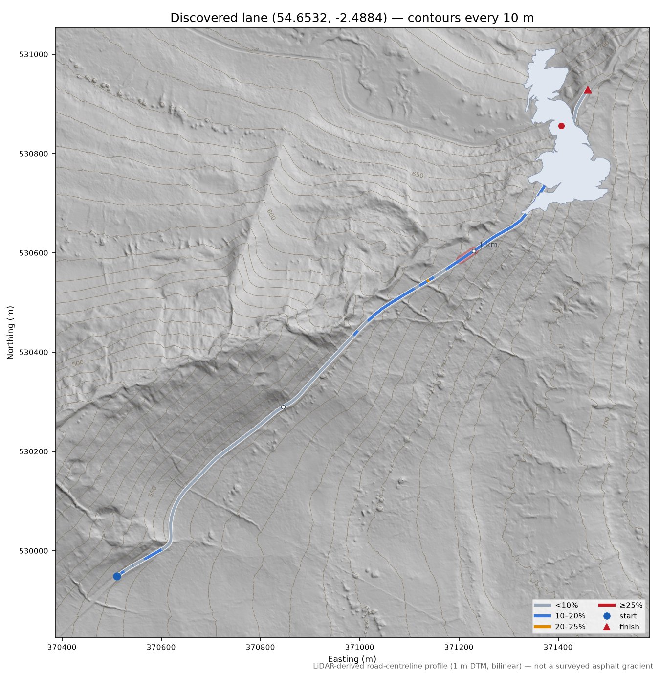 Discovered lane (54.6532, -2.4884) LiDAR hillshade map with contours
