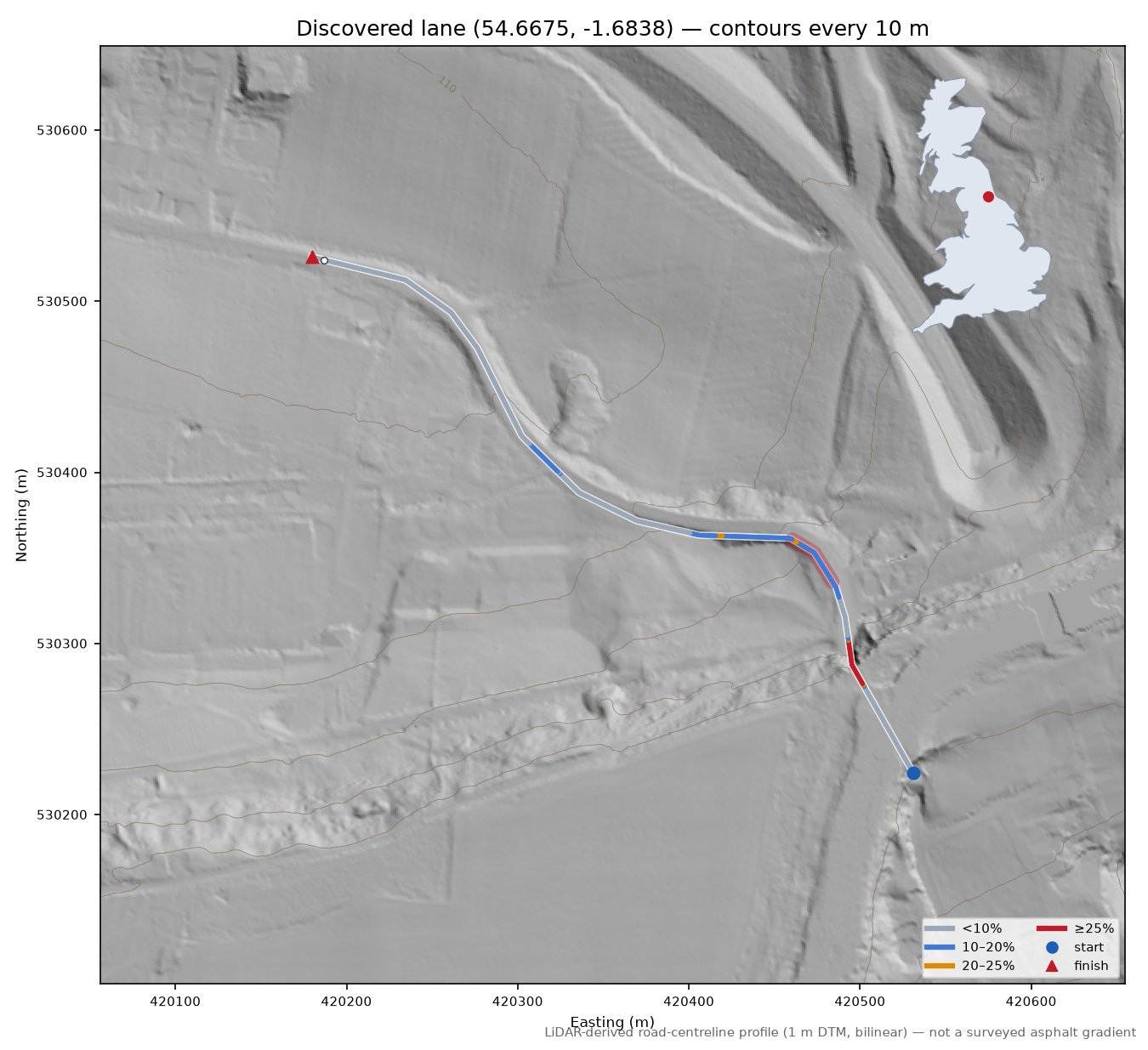 Discovered lane (54.6675, -1.6838) LiDAR hillshade map with contours