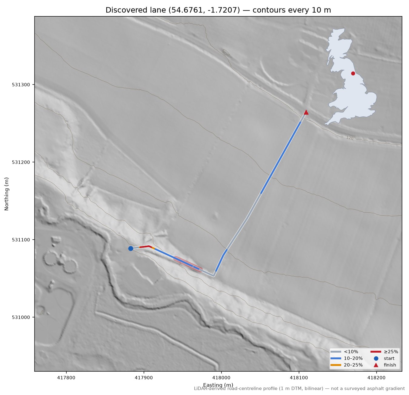Discovered lane (54.6761, -1.7207) LiDAR hillshade map with contours