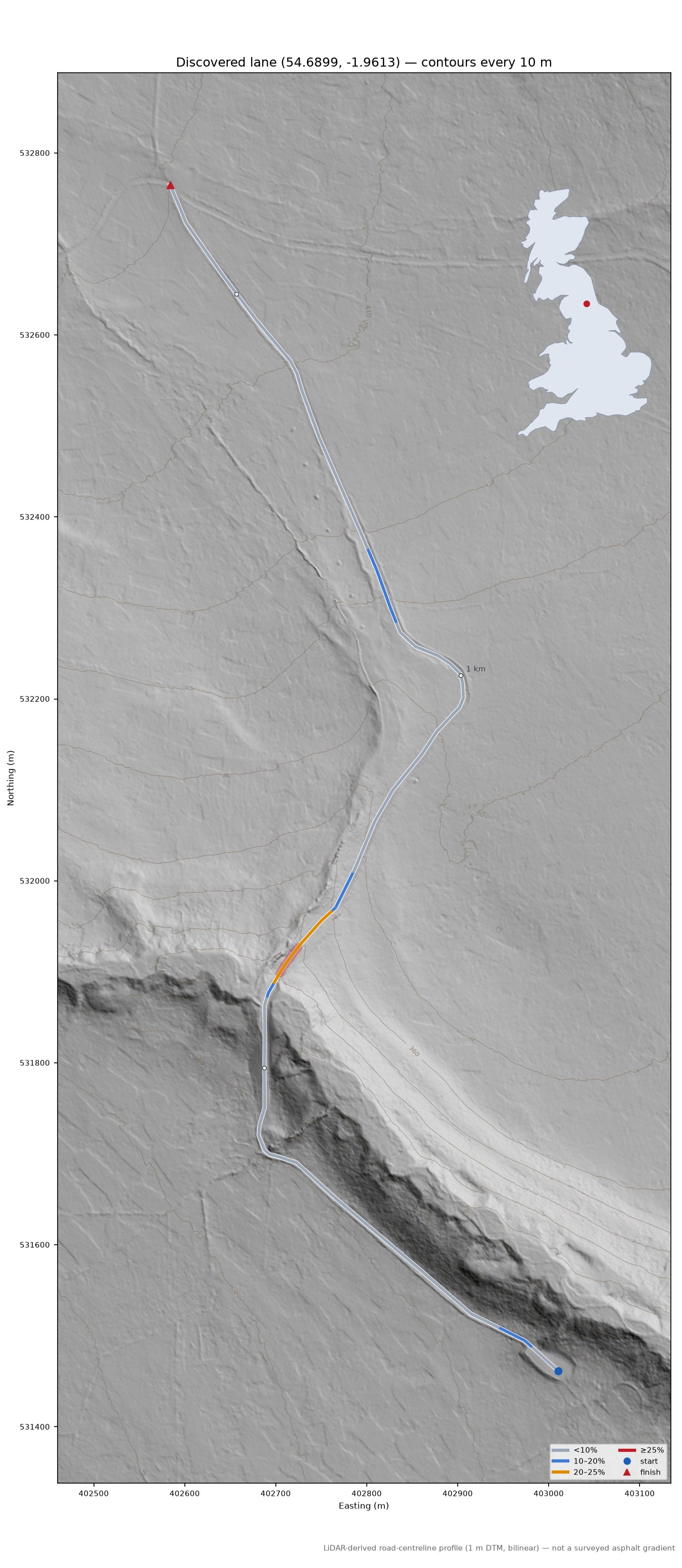 Discovered lane (54.6899, -1.9613) LiDAR hillshade map with contours