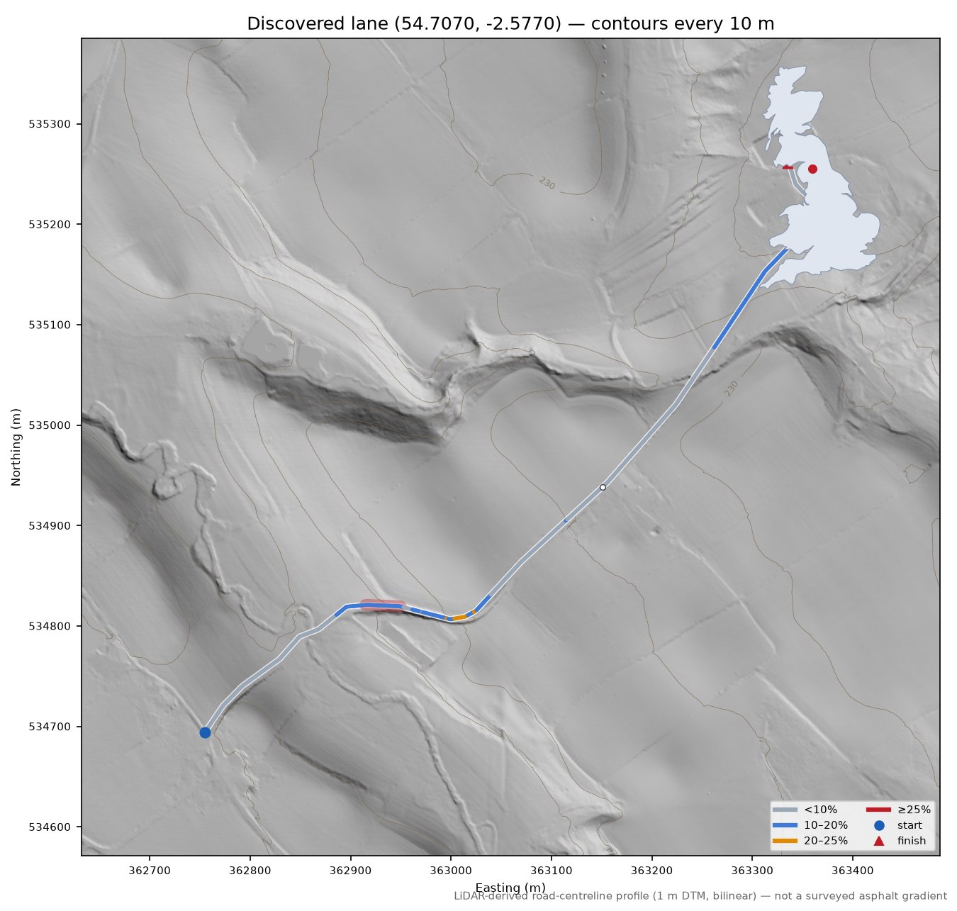 Discovered lane (54.7070, -2.5770) LiDAR hillshade map with contours