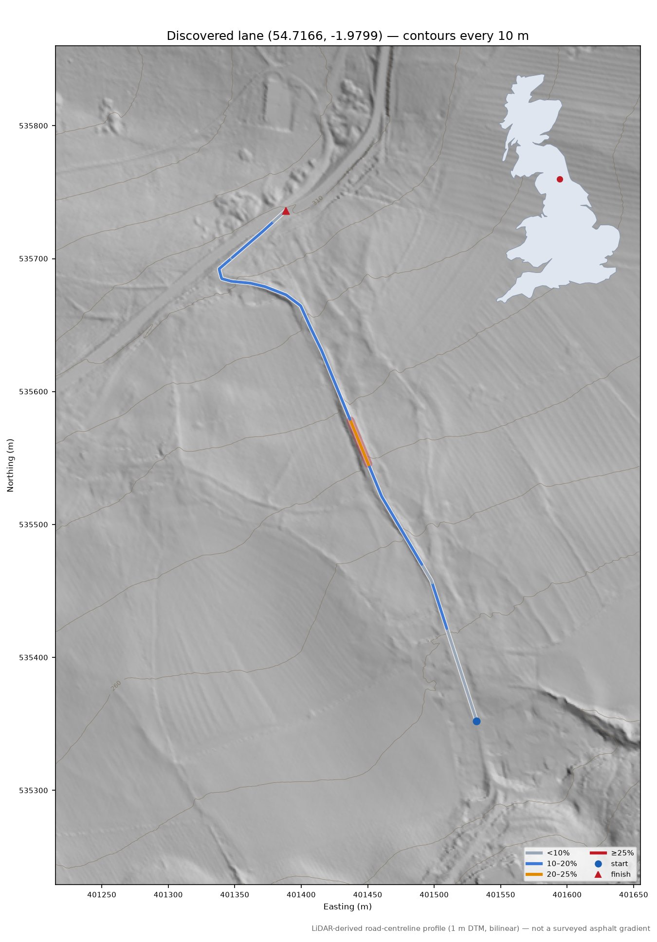 Discovered lane (54.7166, -1.9799) LiDAR hillshade map with contours