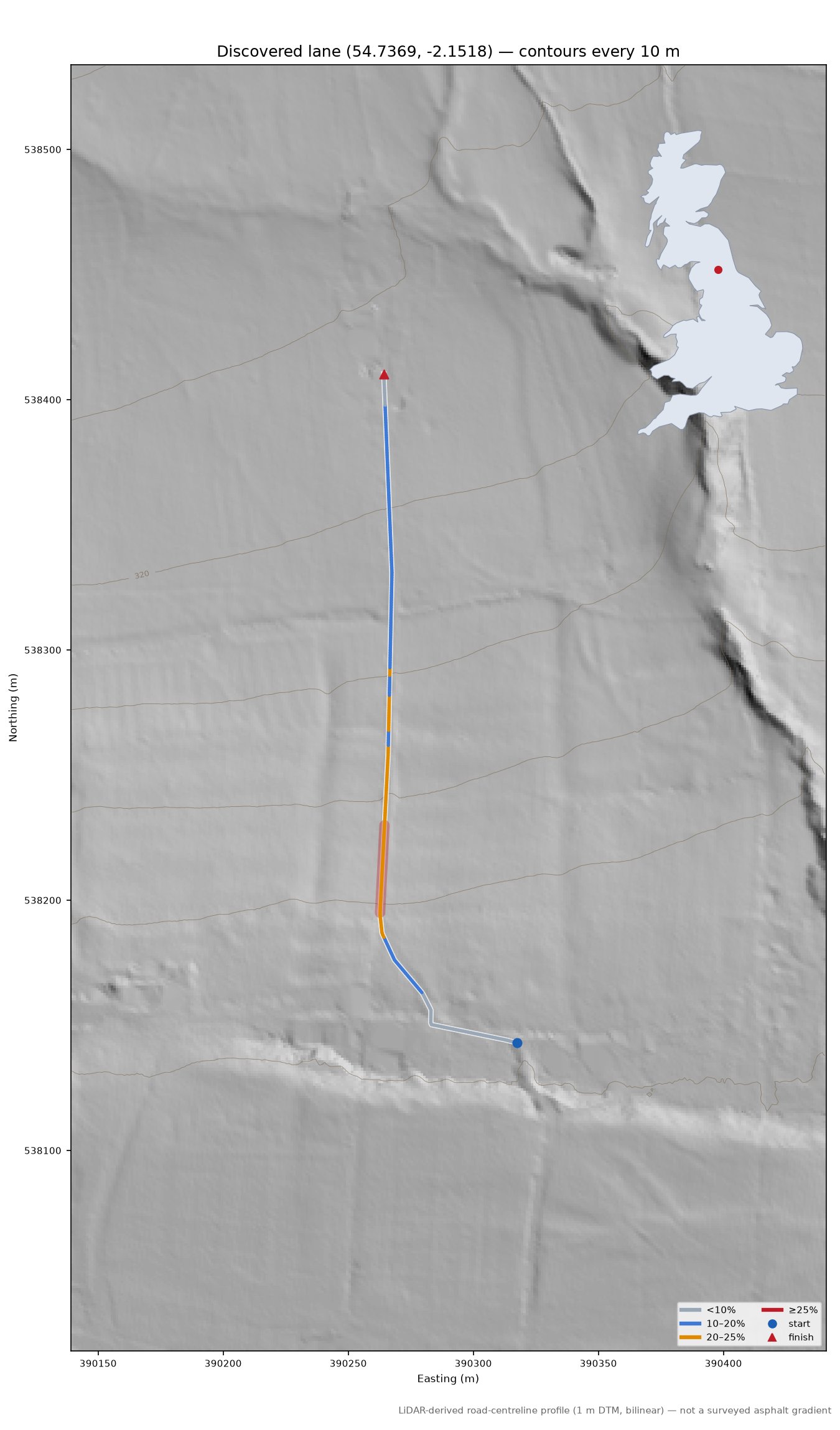 Discovered lane (54.7369, -2.1518) LiDAR hillshade map with contours