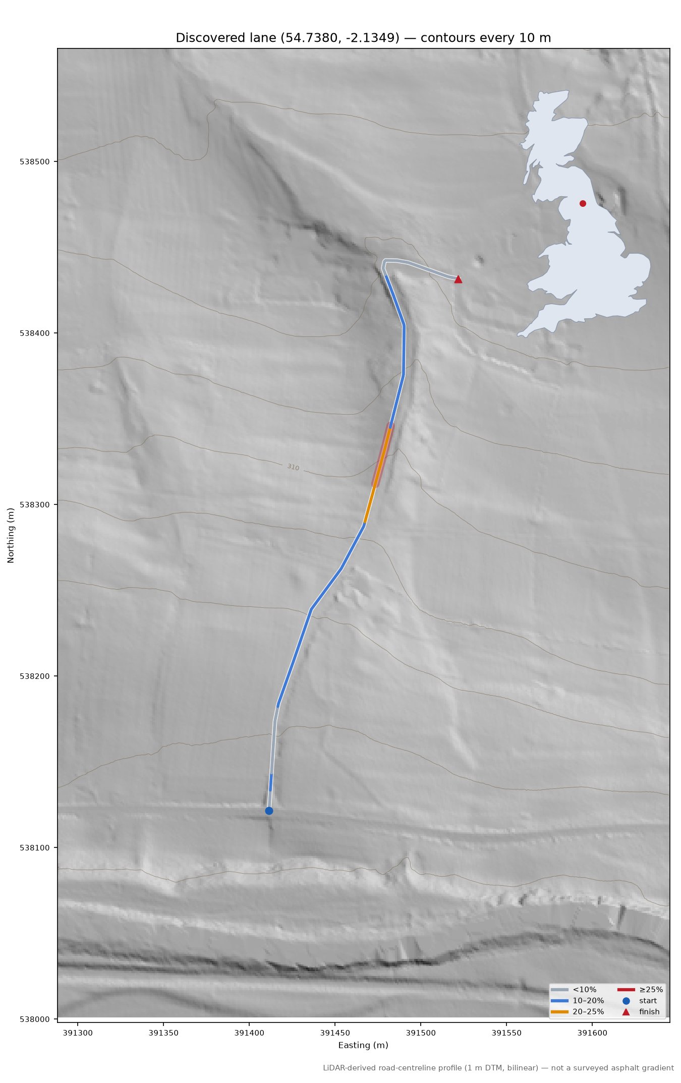 Discovered lane (54.7380, -2.1349) LiDAR hillshade map with contours