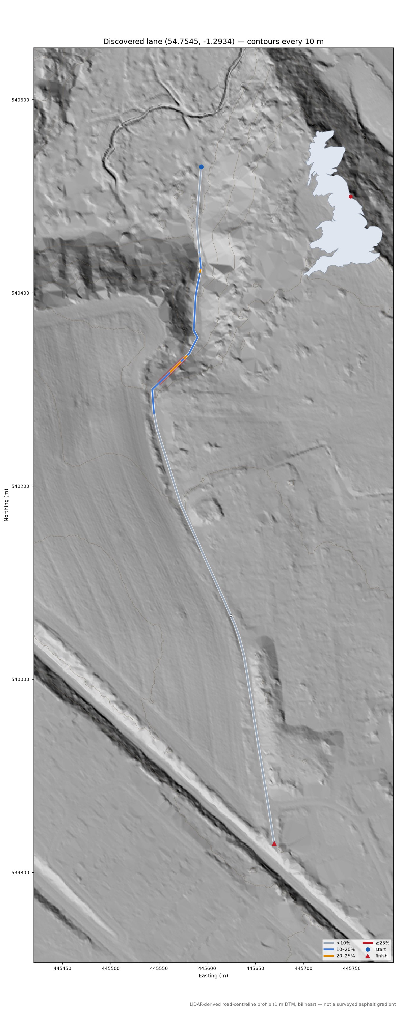 Discovered lane (54.7545, -1.2934) LiDAR hillshade map with contours