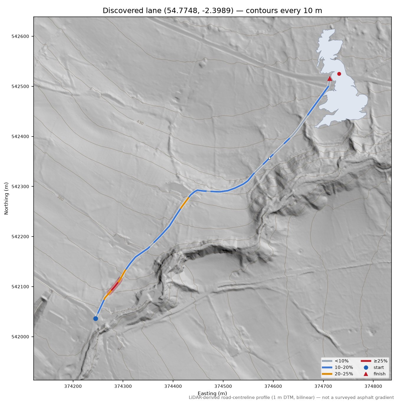 Discovered lane (54.7748, -2.3989) LiDAR hillshade map with contours