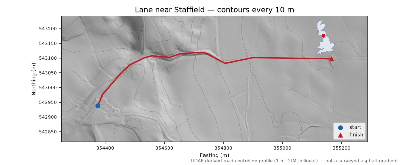 Lane near Staffield LiDAR hillshade map with contours
