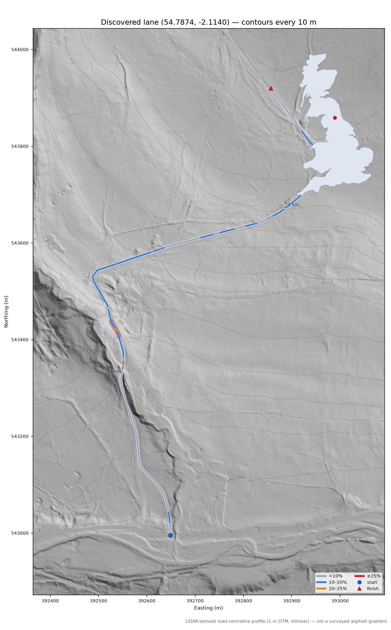 Discovered lane (54.7874, -2.1140) LiDAR hillshade map with contours