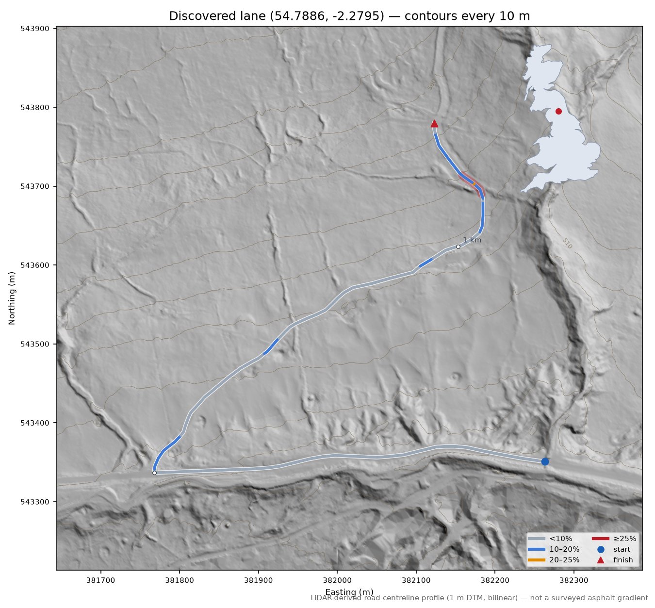 Discovered lane (54.7886, -2.2795) LiDAR hillshade map with contours