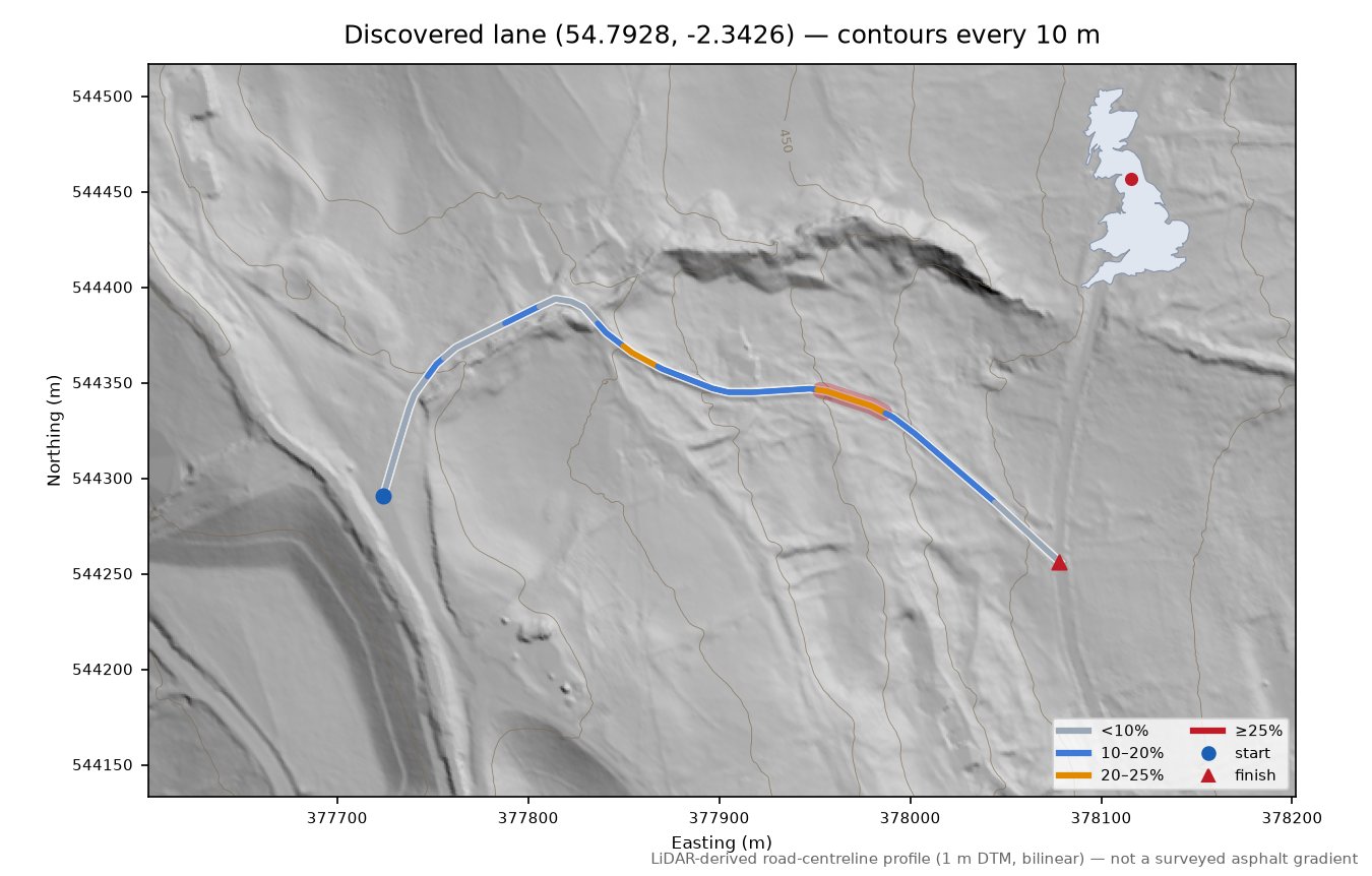 Discovered lane (54.7928, -2.3426) LiDAR hillshade map with contours