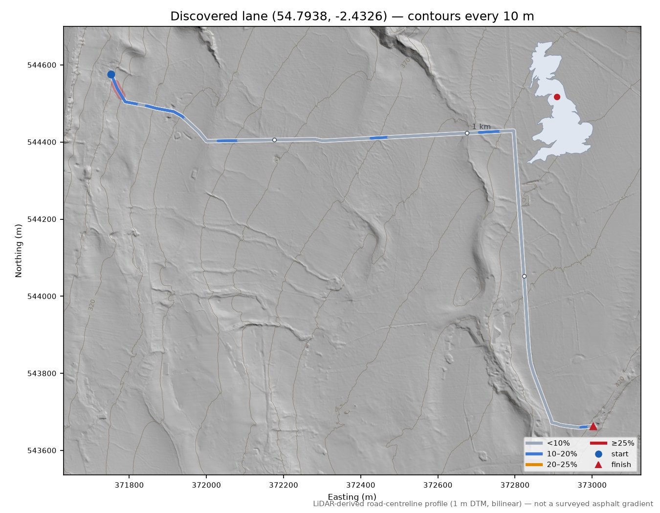 Discovered lane (54.7938, -2.4326) LiDAR hillshade map with contours
