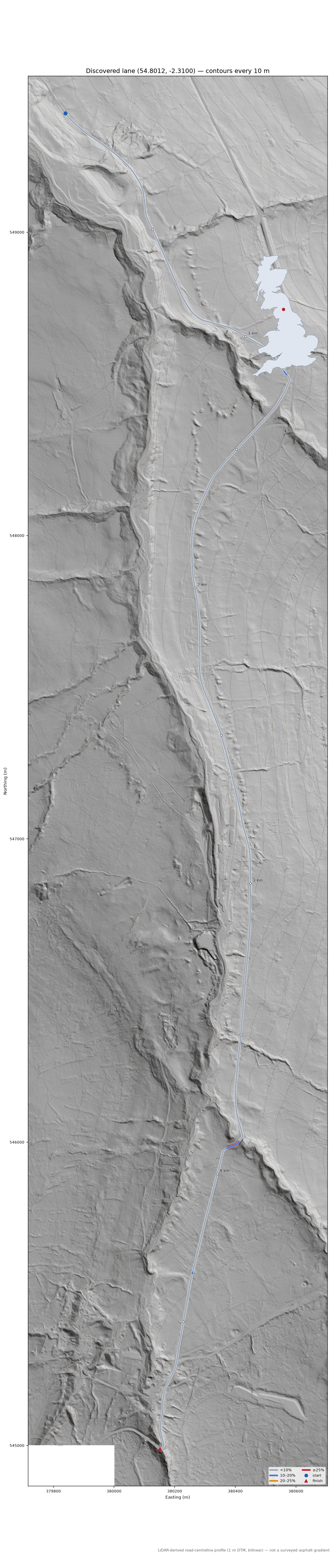 Discovered lane (54.8012, -2.3100) LiDAR hillshade map with contours
