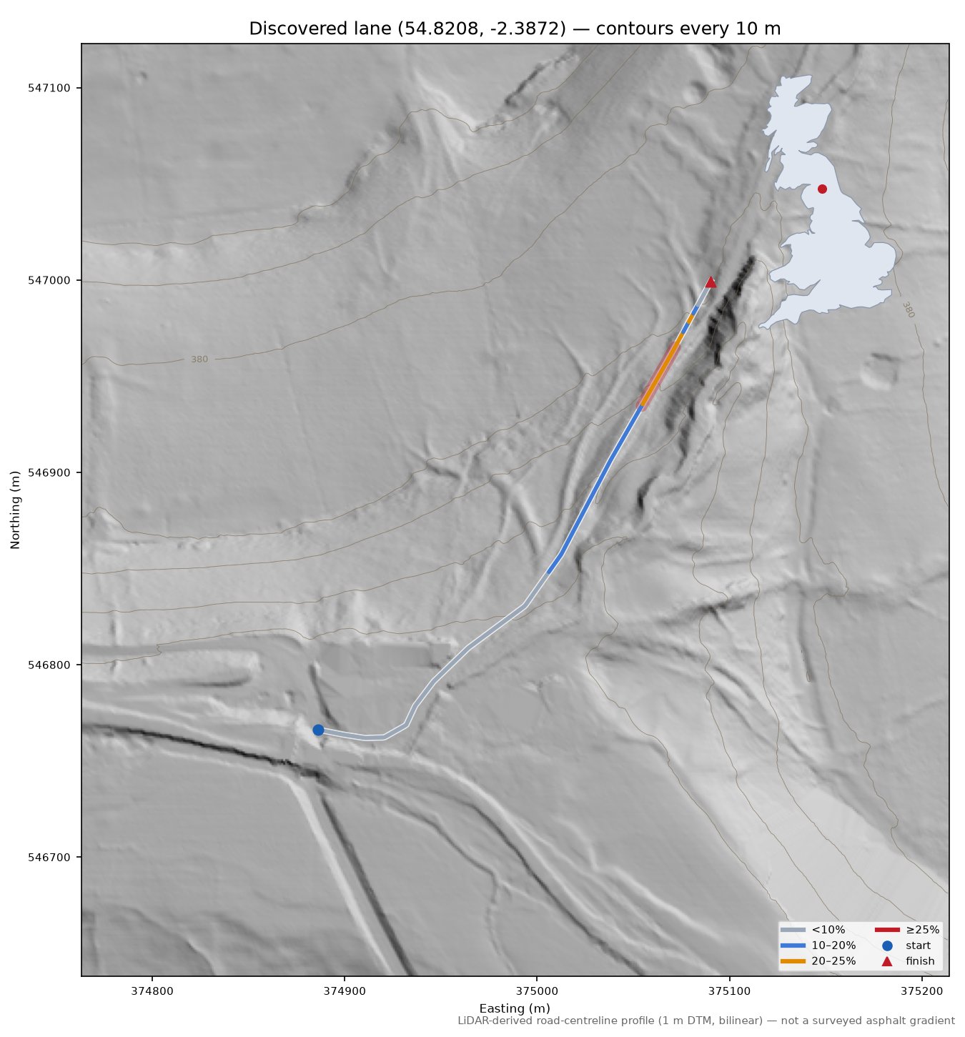 Discovered lane (54.8208, -2.3872) LiDAR hillshade map with contours