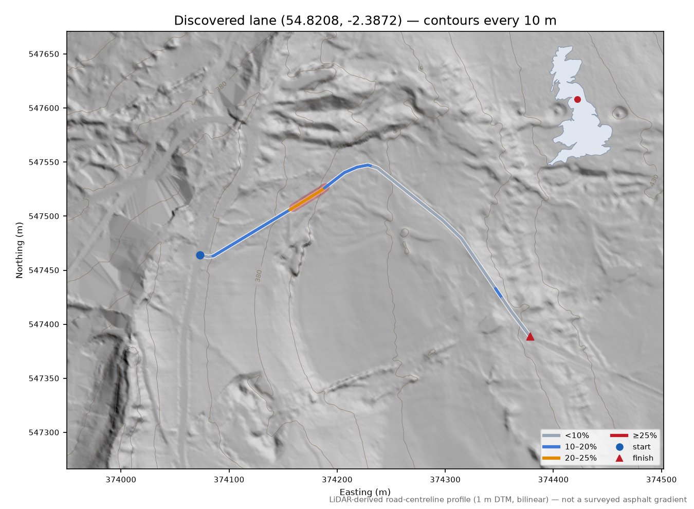 Discovered lane (54.8208, -2.3872) LiDAR hillshade map with contours