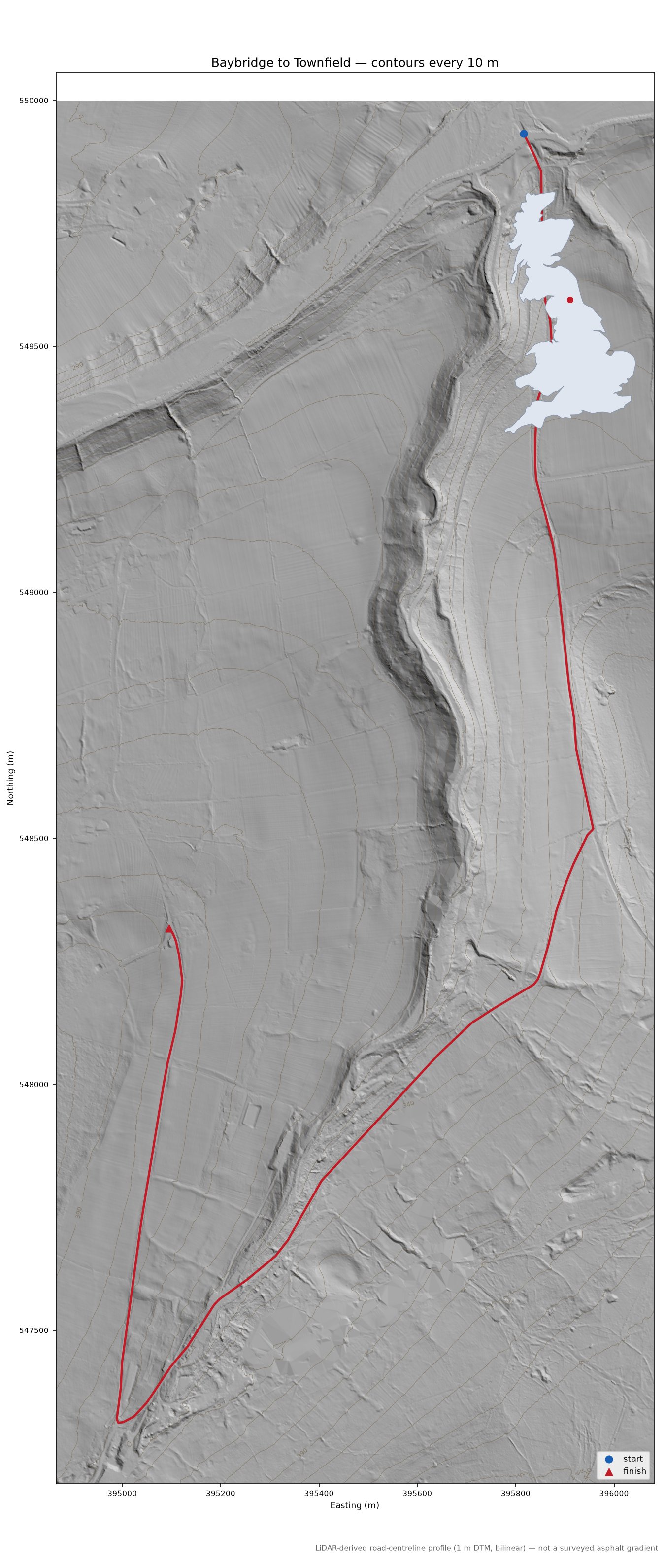 Baybridge to Townfield LiDAR hillshade map with contours