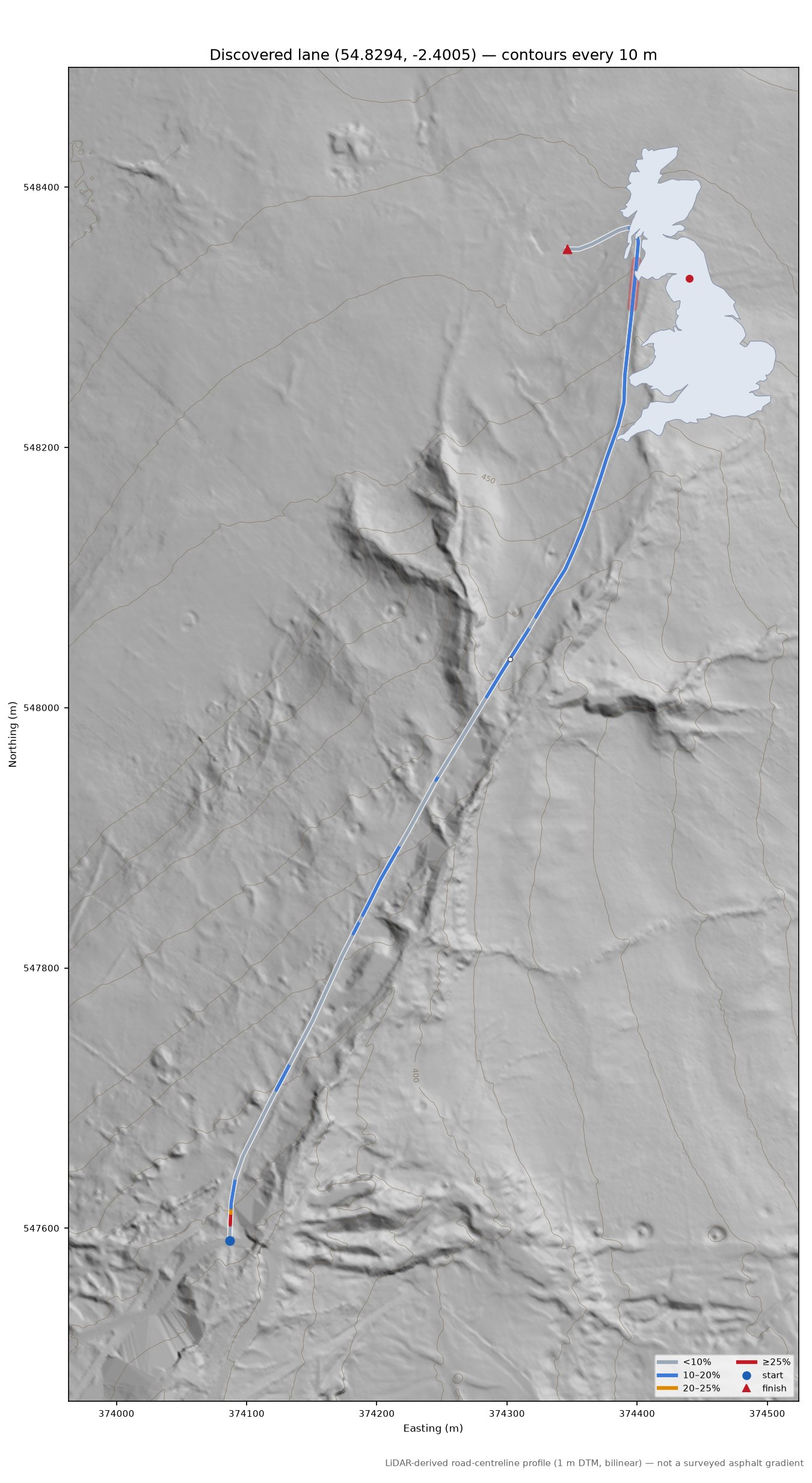 Discovered lane (54.8294, -2.4005) LiDAR hillshade map with contours