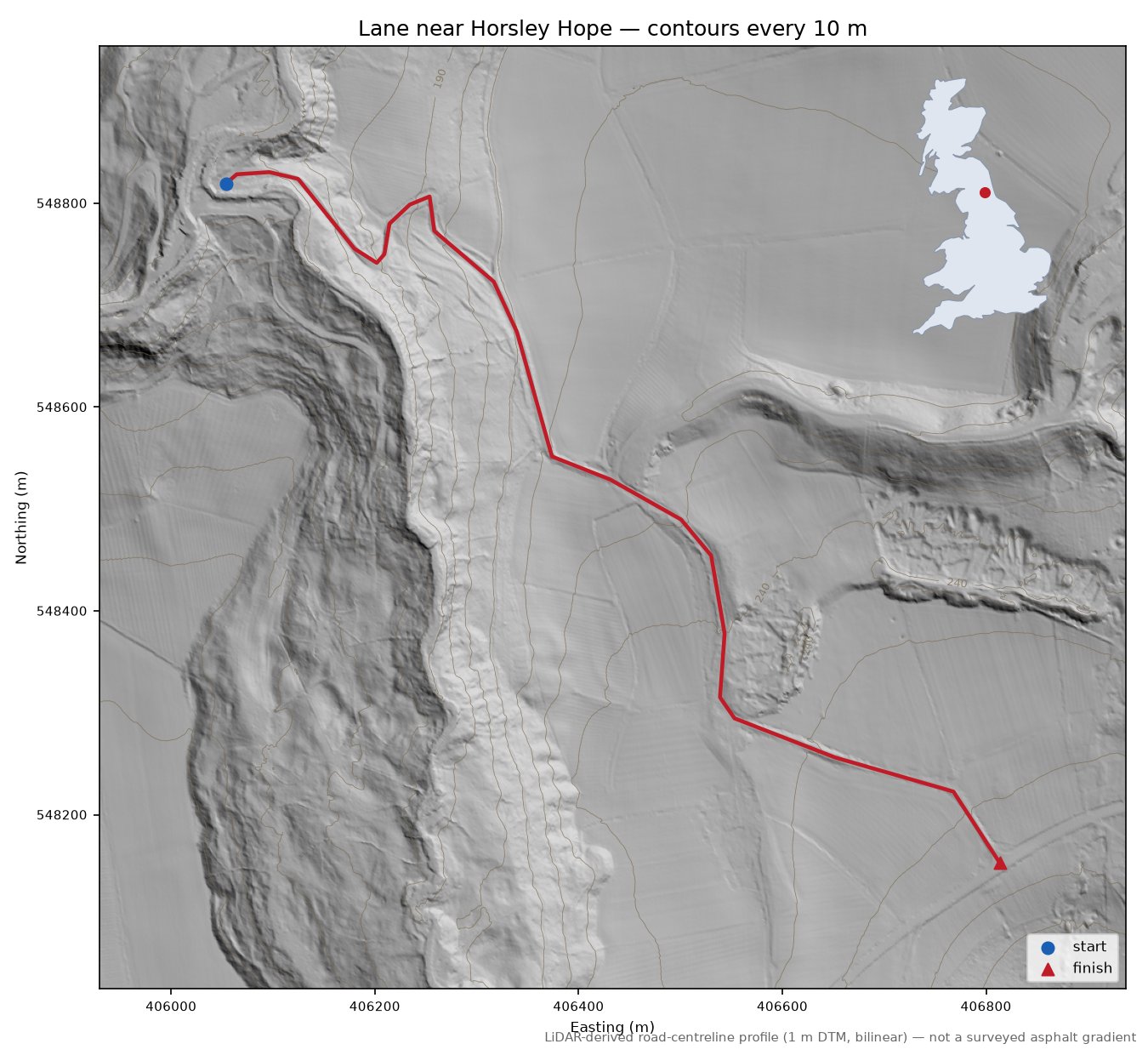 Lane near Horsley Hope LiDAR hillshade map with contours