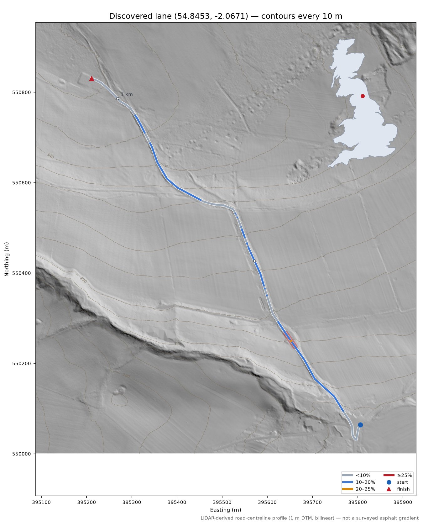 Discovered lane (54.8453, -2.0671) LiDAR hillshade map with contours