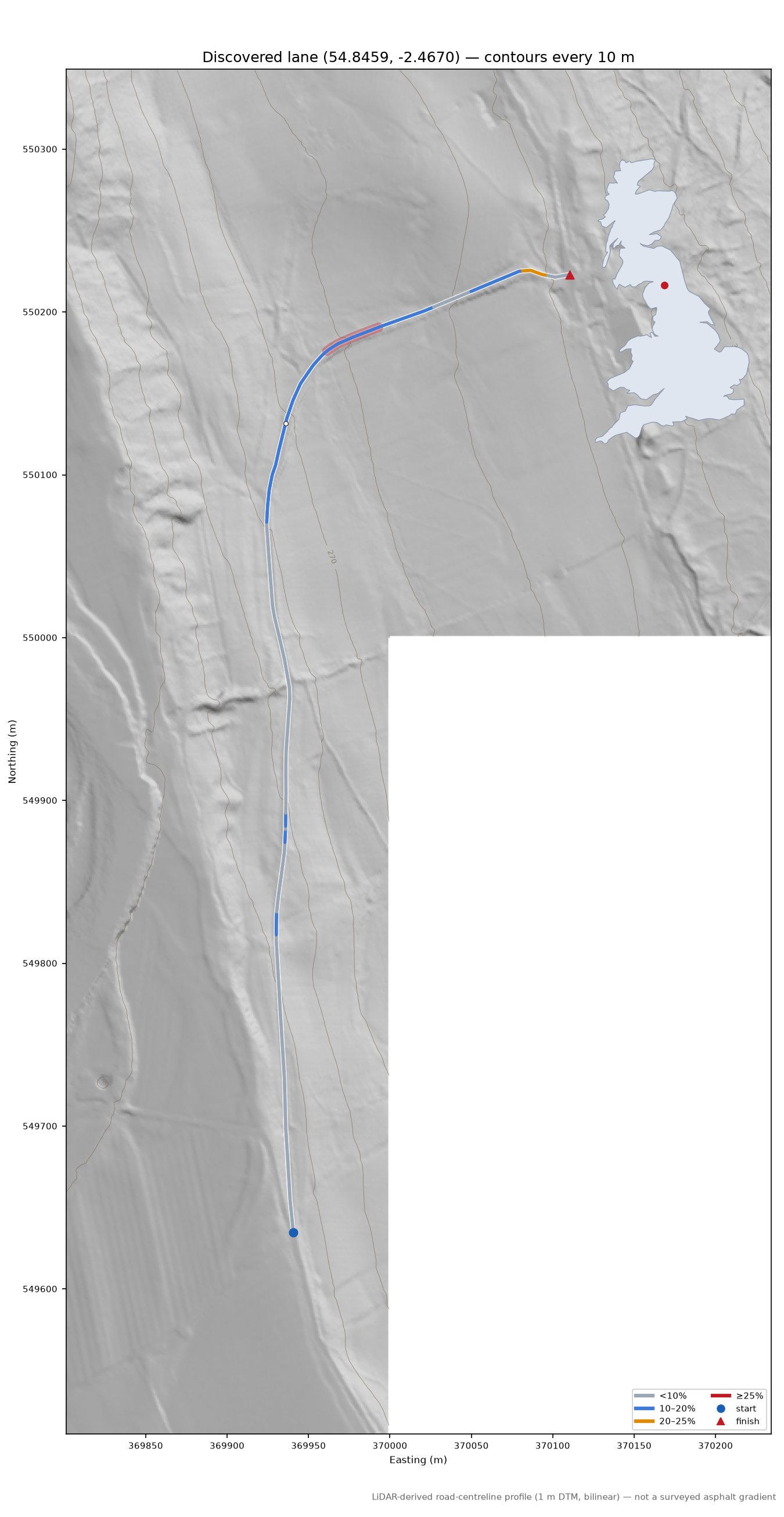 Discovered lane (54.8459, -2.4670) LiDAR hillshade map with contours