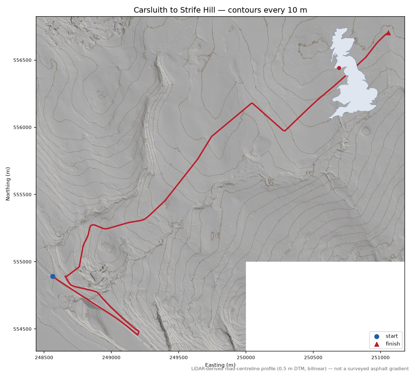 Carsluith to Strife Hill LiDAR hillshade map with contours
