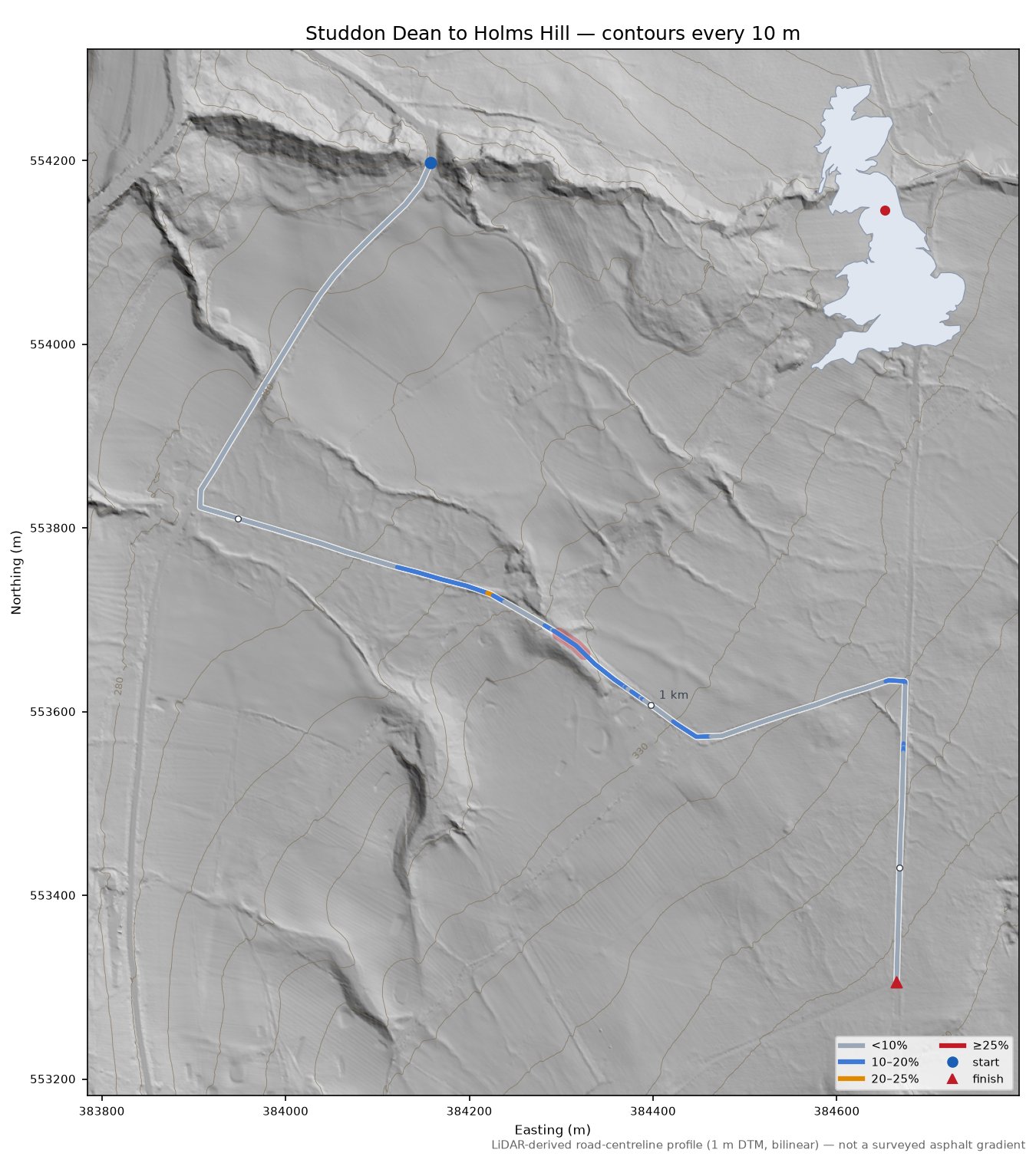 Studdon Dean to Holms Hill LiDAR hillshade map with contours