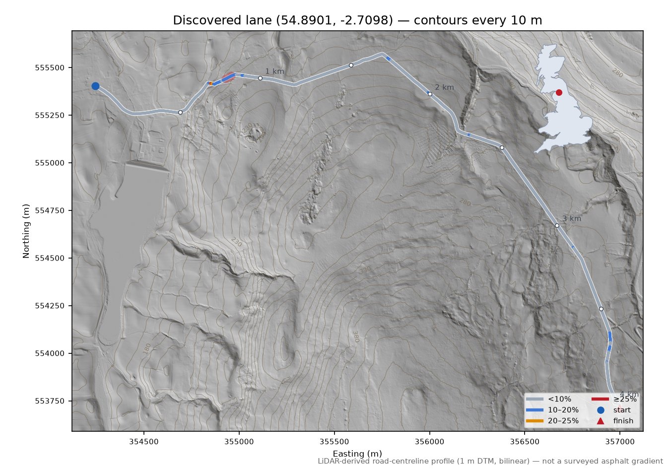 Discovered lane (54.8901, -2.7098) LiDAR hillshade map with contours