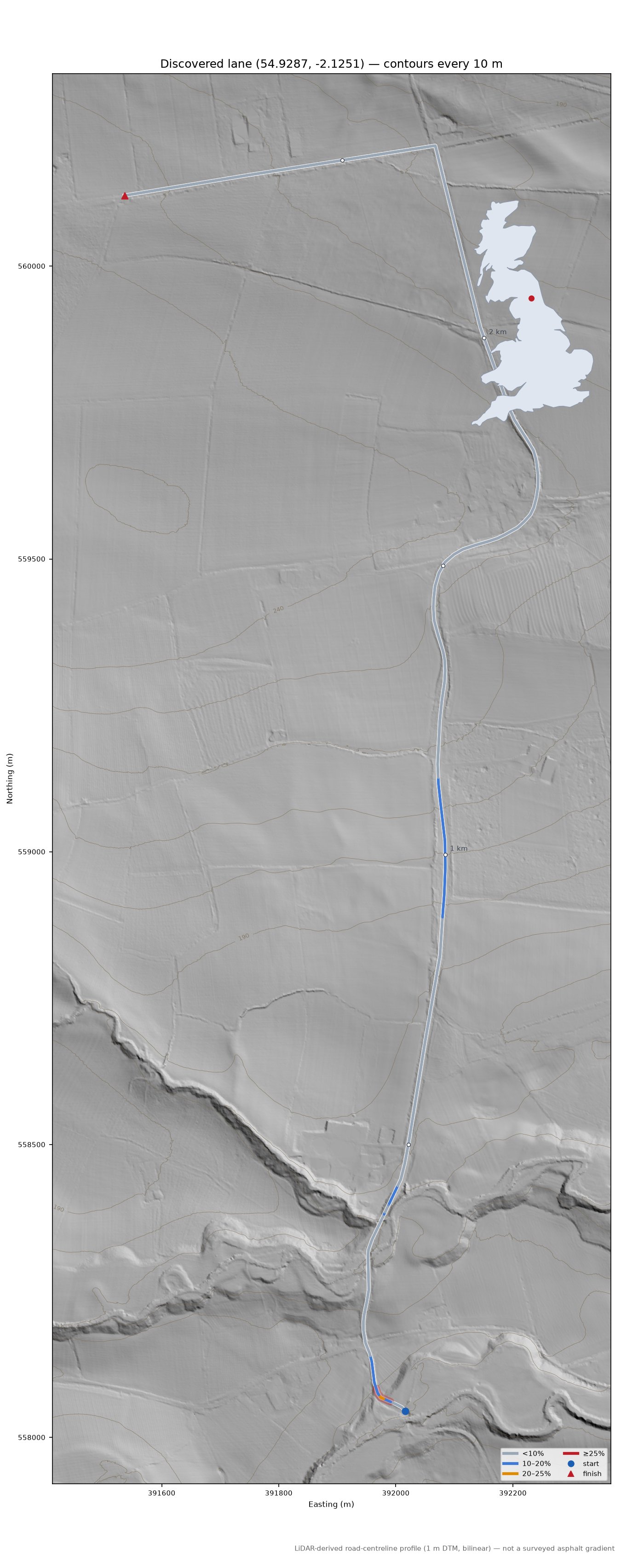 Discovered lane (54.9287, -2.1251) LiDAR hillshade map with contours