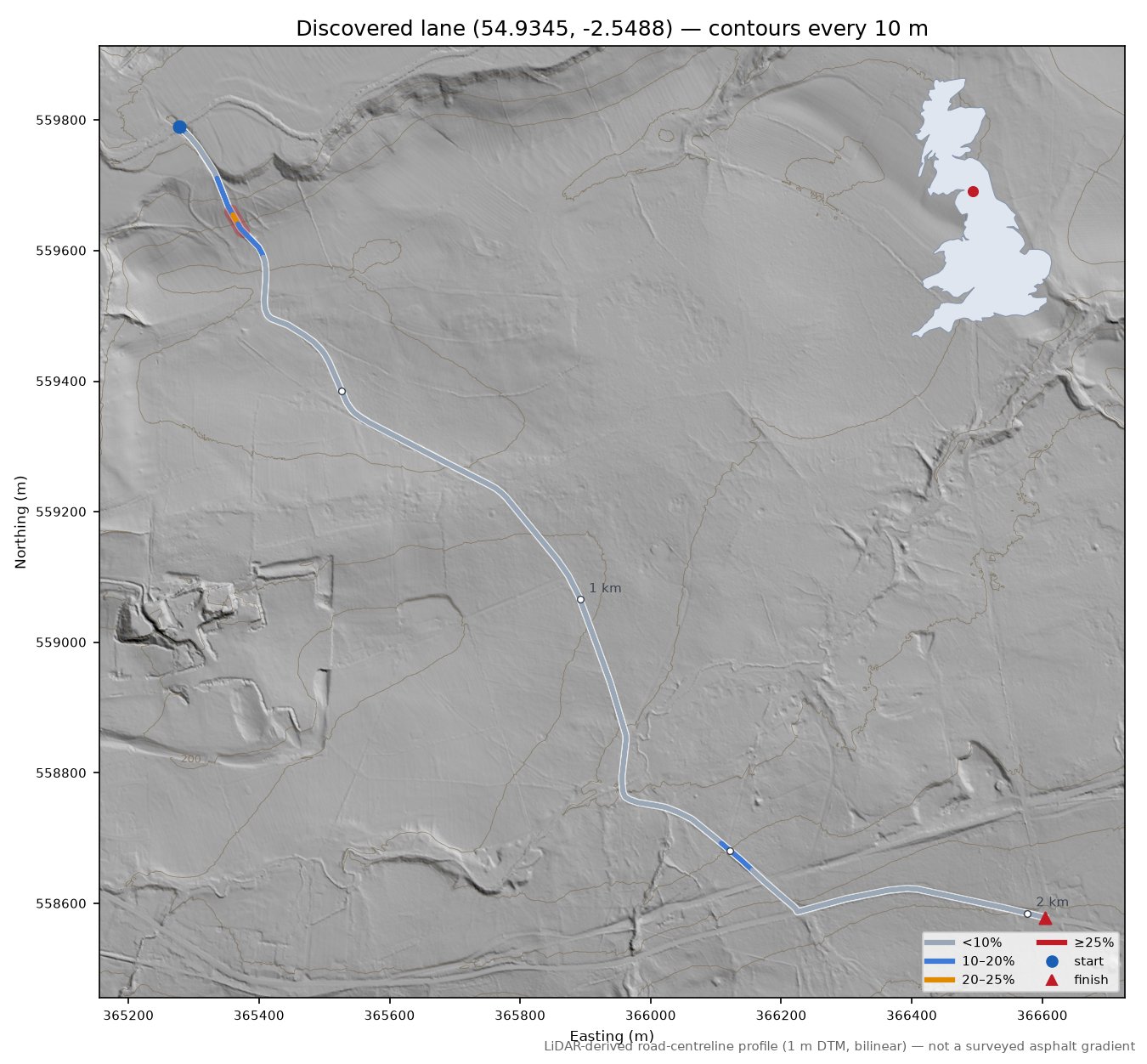 Discovered lane (54.9345, -2.5488) LiDAR hillshade map with contours