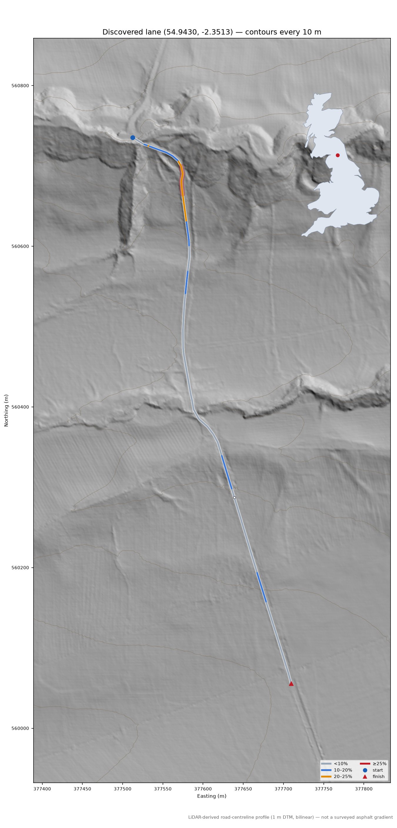 Discovered lane (54.9430, -2.3513) LiDAR hillshade map with contours