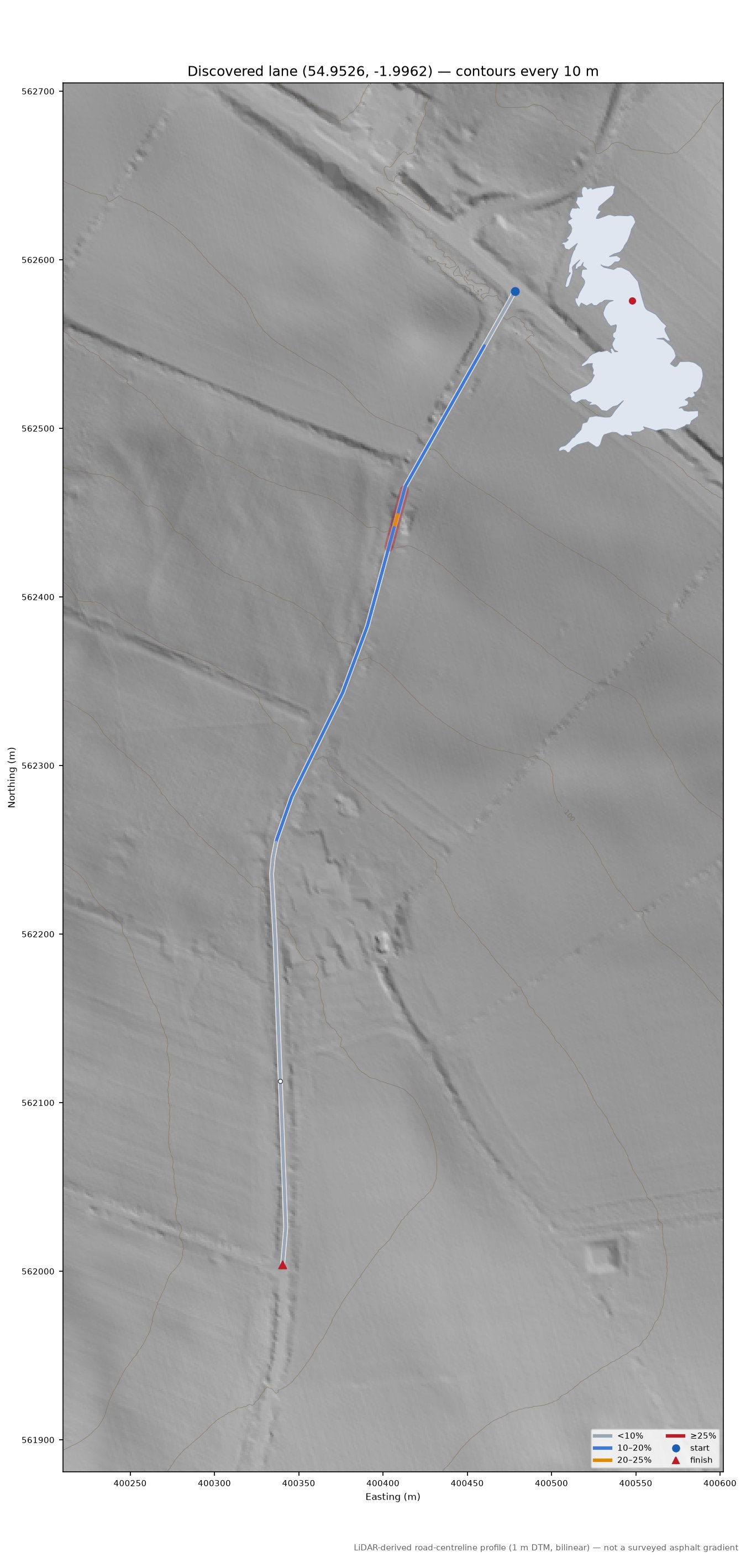 Discovered lane (54.9526, -1.9962) LiDAR hillshade map with contours
