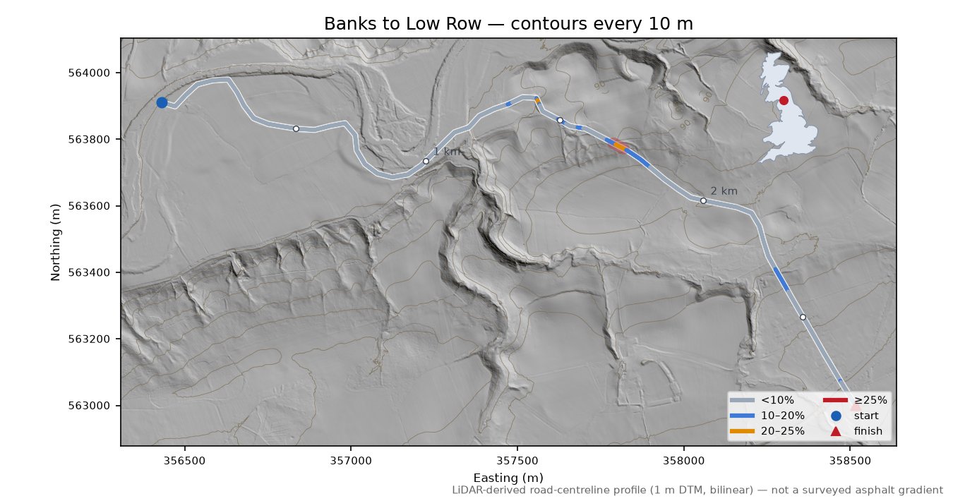 Banks to Low Row LiDAR hillshade map with contours