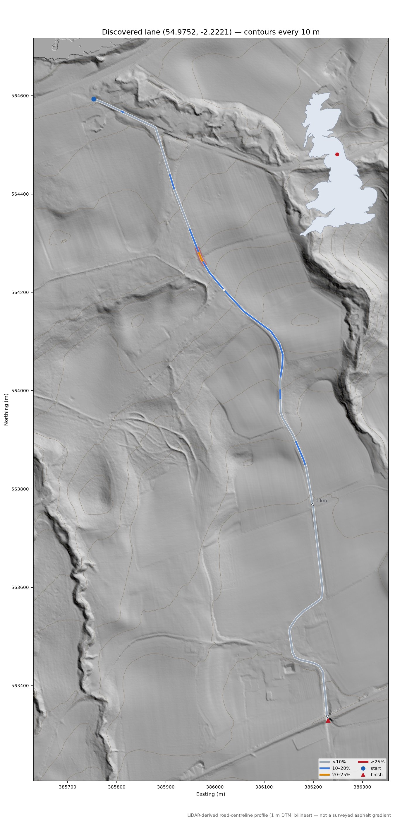 Discovered lane (54.9752, -2.2221) LiDAR hillshade map with contours