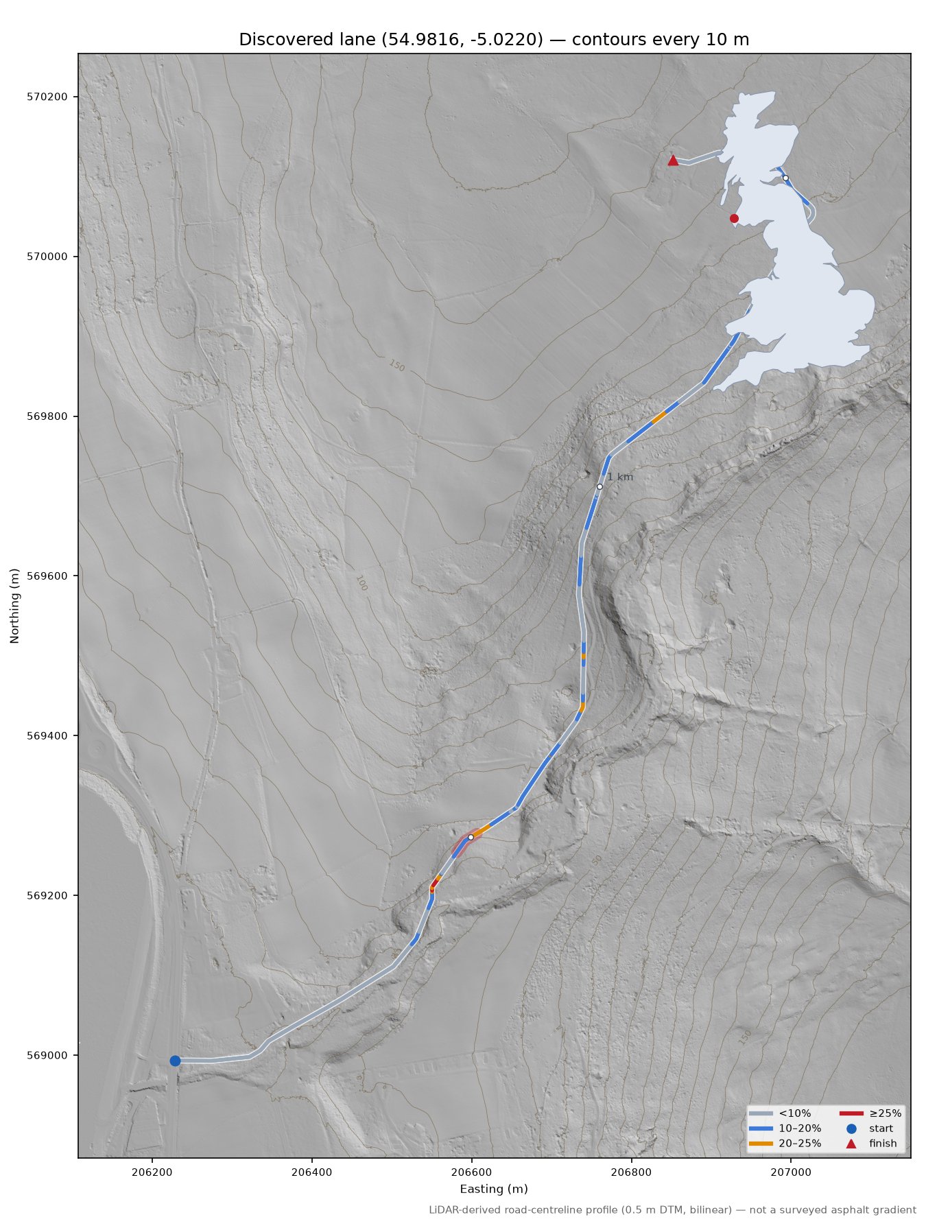 Discovered lane (54.9816, -5.0220) LiDAR hillshade map with contours