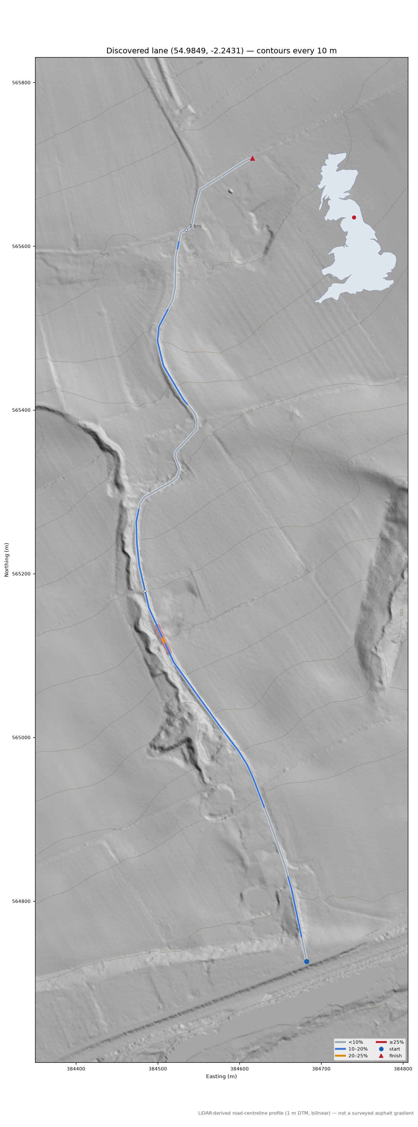Discovered lane (54.9849, -2.2431) LiDAR hillshade map with contours