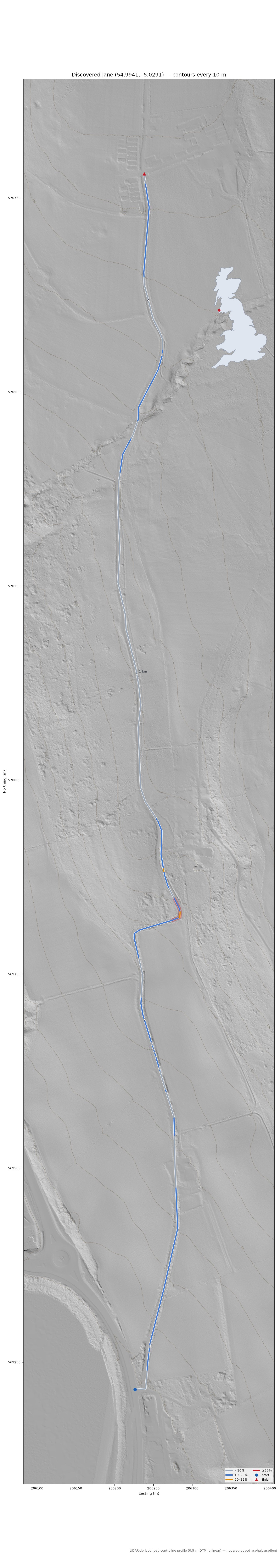 Discovered lane (54.9941, -5.0291) LiDAR hillshade map with contours