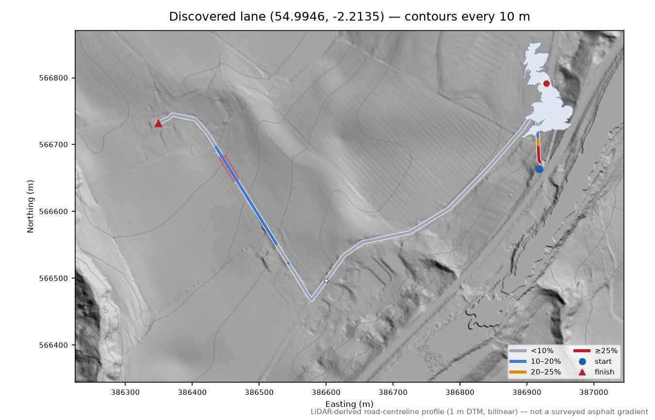 Discovered lane (54.9946, -2.2135) LiDAR hillshade map with contours