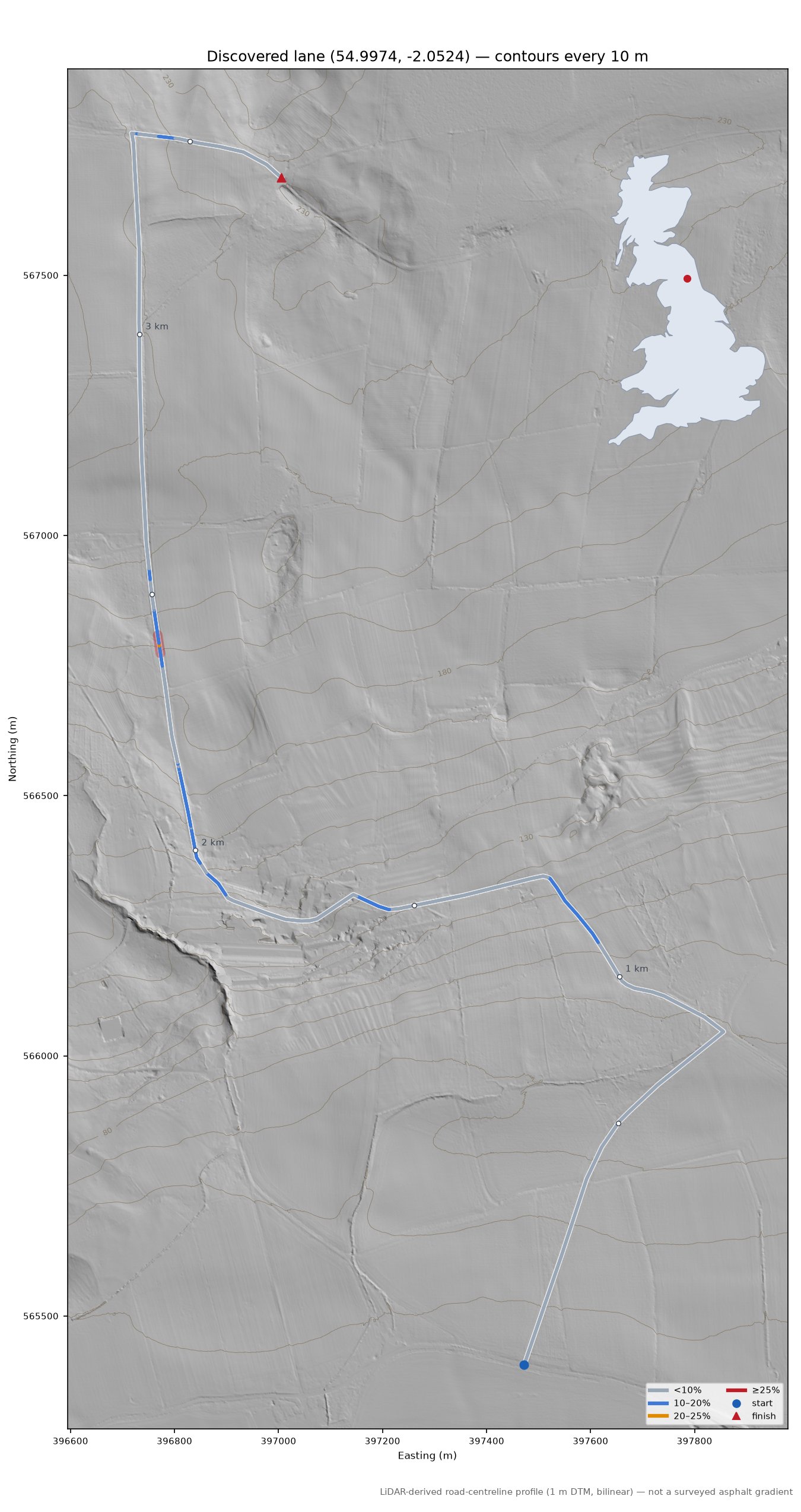 Discovered lane (54.9974, -2.0524) LiDAR hillshade map with contours