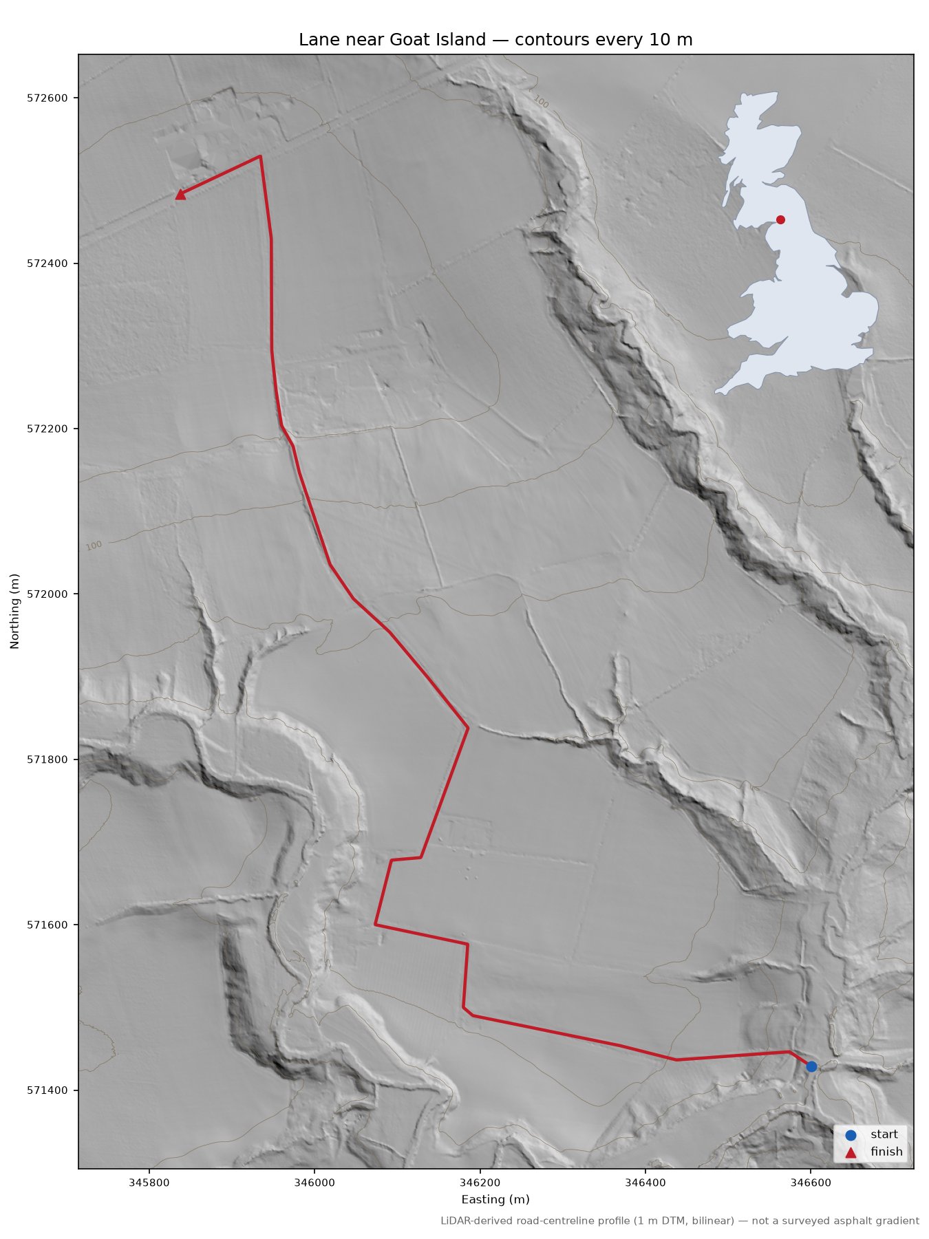 Lane near Goat Island LiDAR hillshade map with contours
