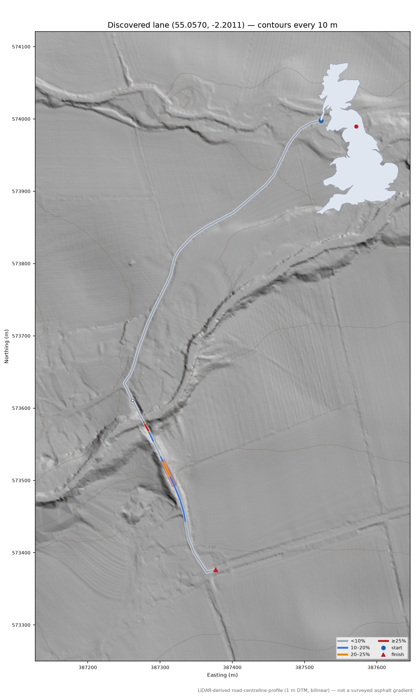 Discovered lane (55.0570, -2.2011) LiDAR hillshade map with contours