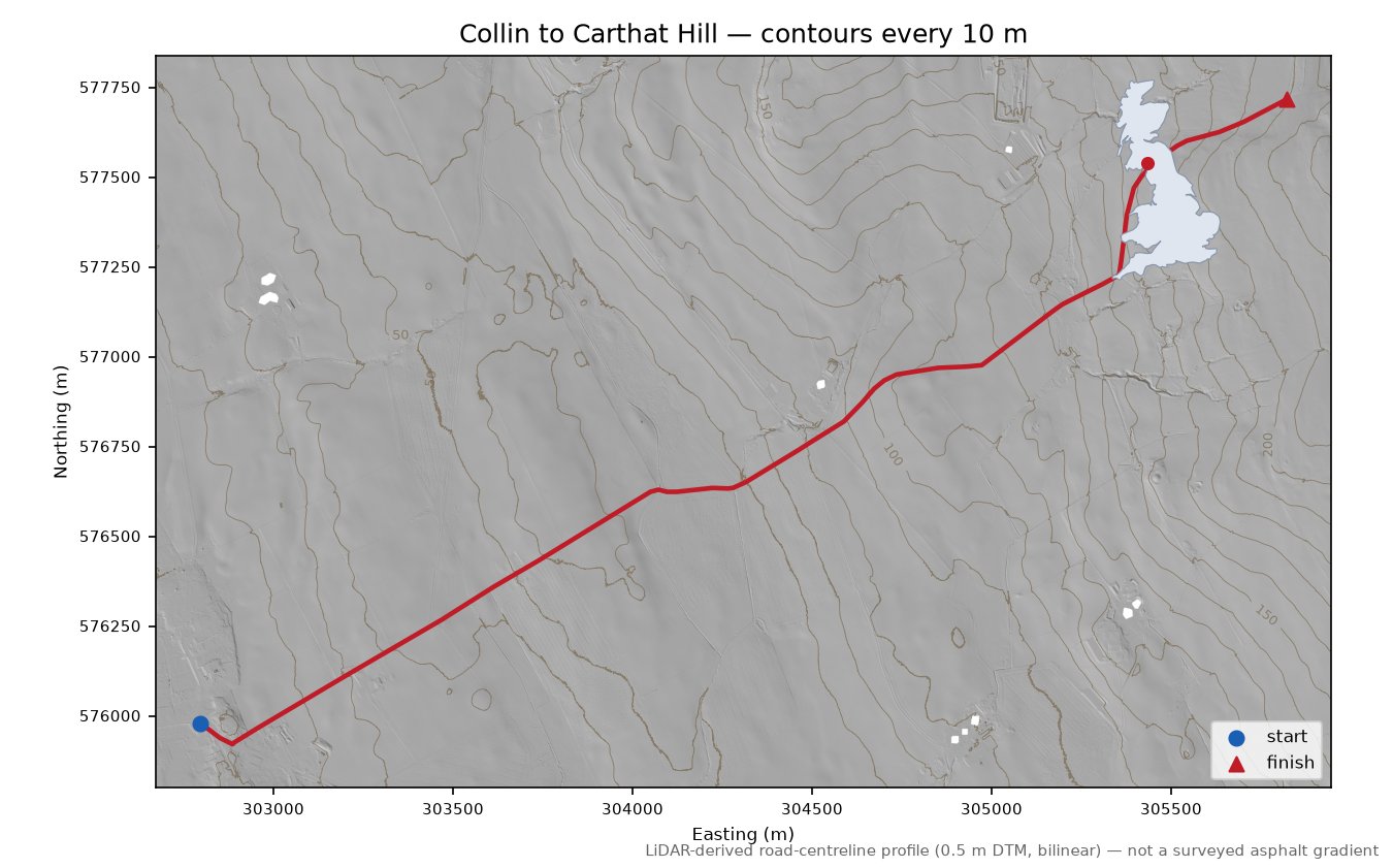 Collin to Carthat Hill LiDAR hillshade map with contours
