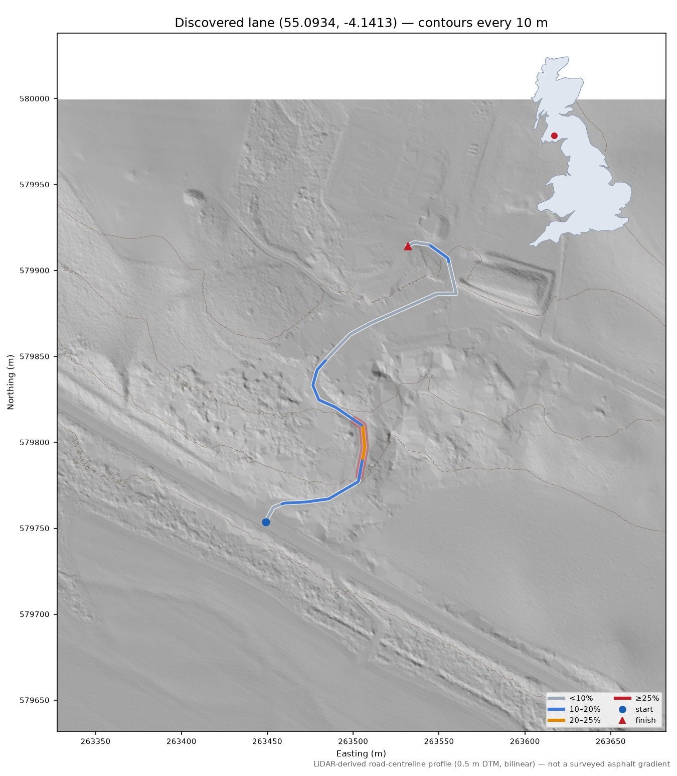 Discovered lane (55.0934, -4.1413) LiDAR hillshade map with contours