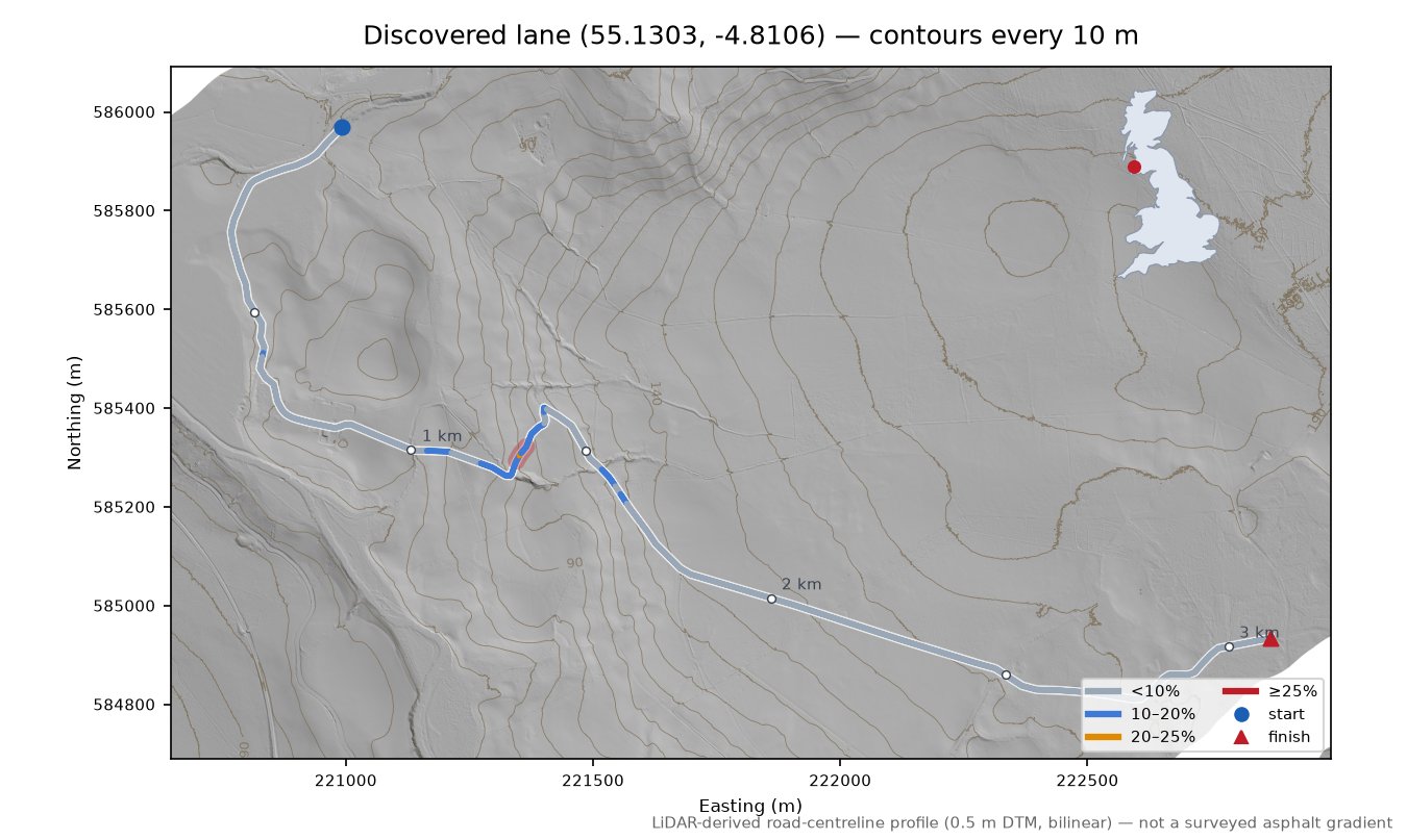 Discovered lane (55.1303, -4.8106) LiDAR hillshade map with contours