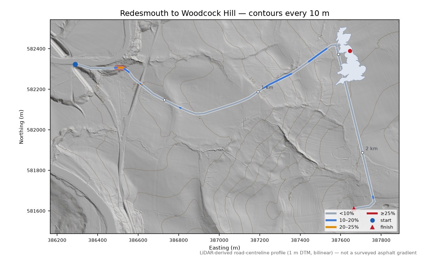 Redesmouth to Woodcock Hill LiDAR hillshade map with contours