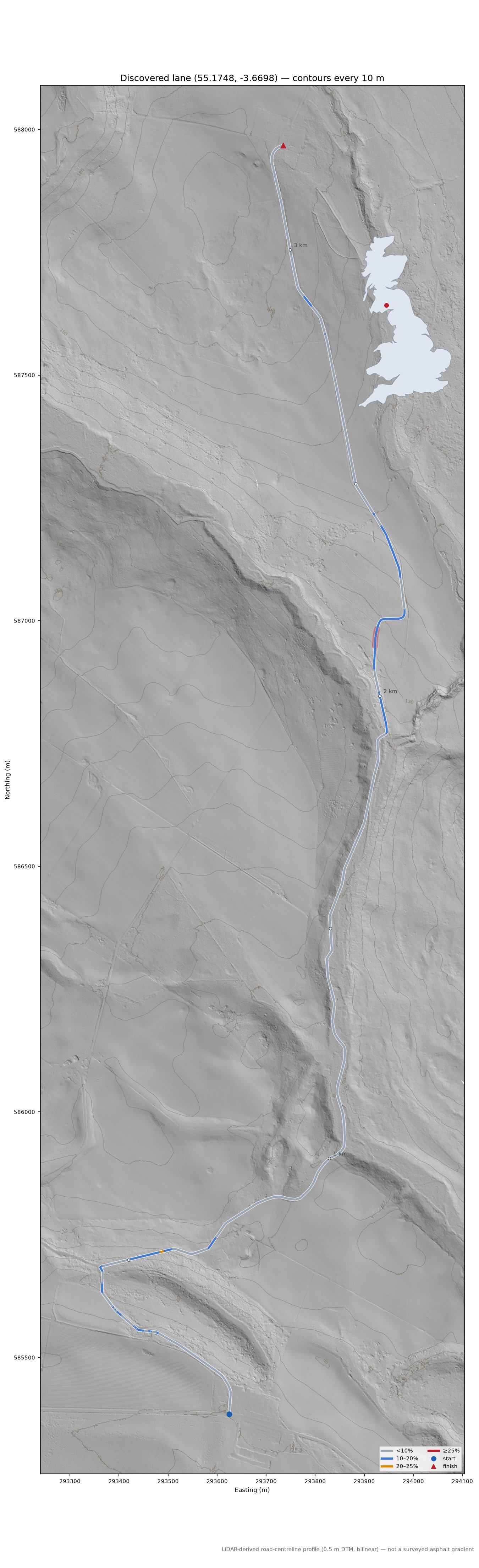 Discovered lane (55.1748, -3.6698) LiDAR hillshade map with contours