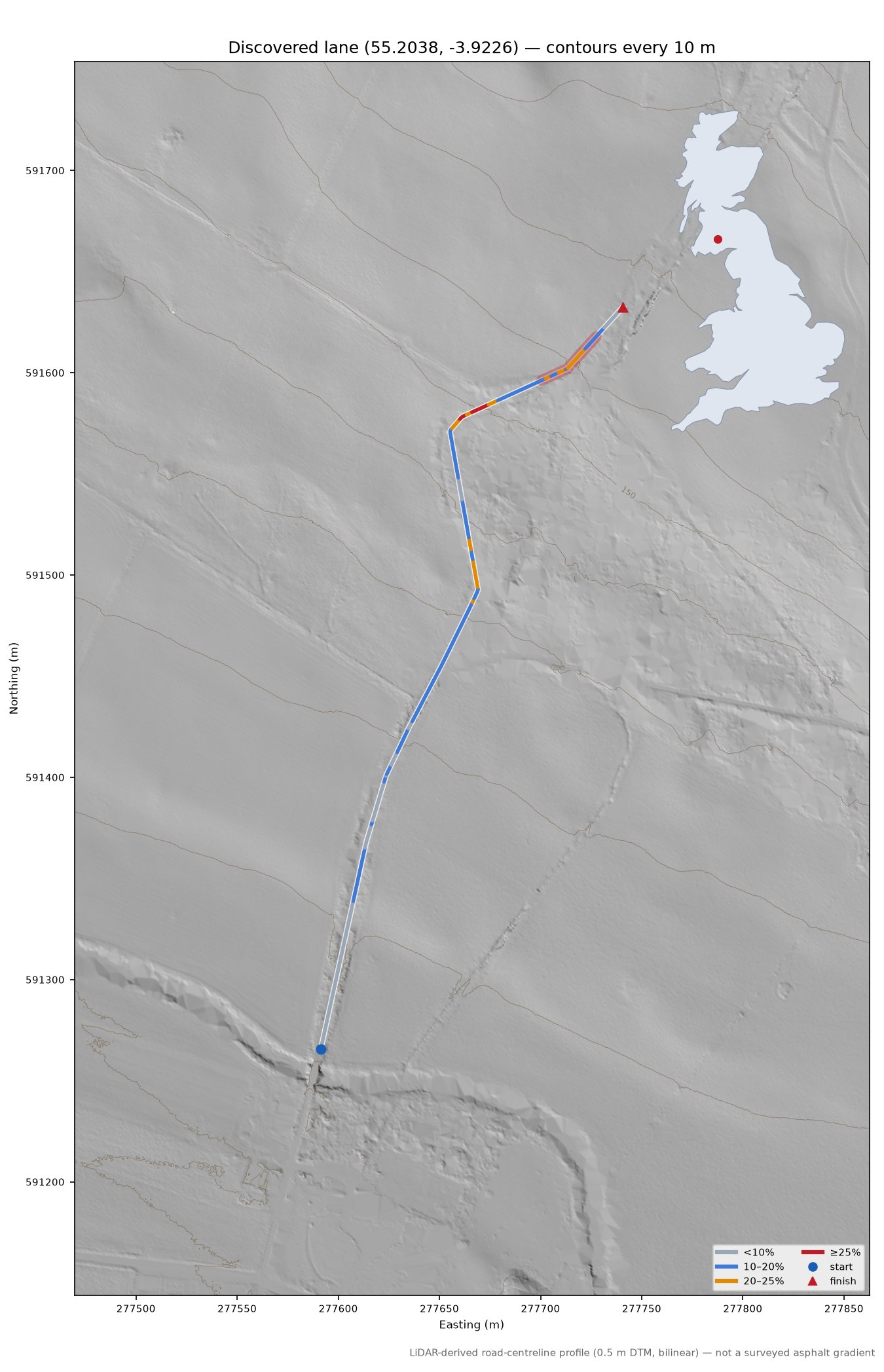 Discovered lane (55.2038, -3.9226) LiDAR hillshade map with contours